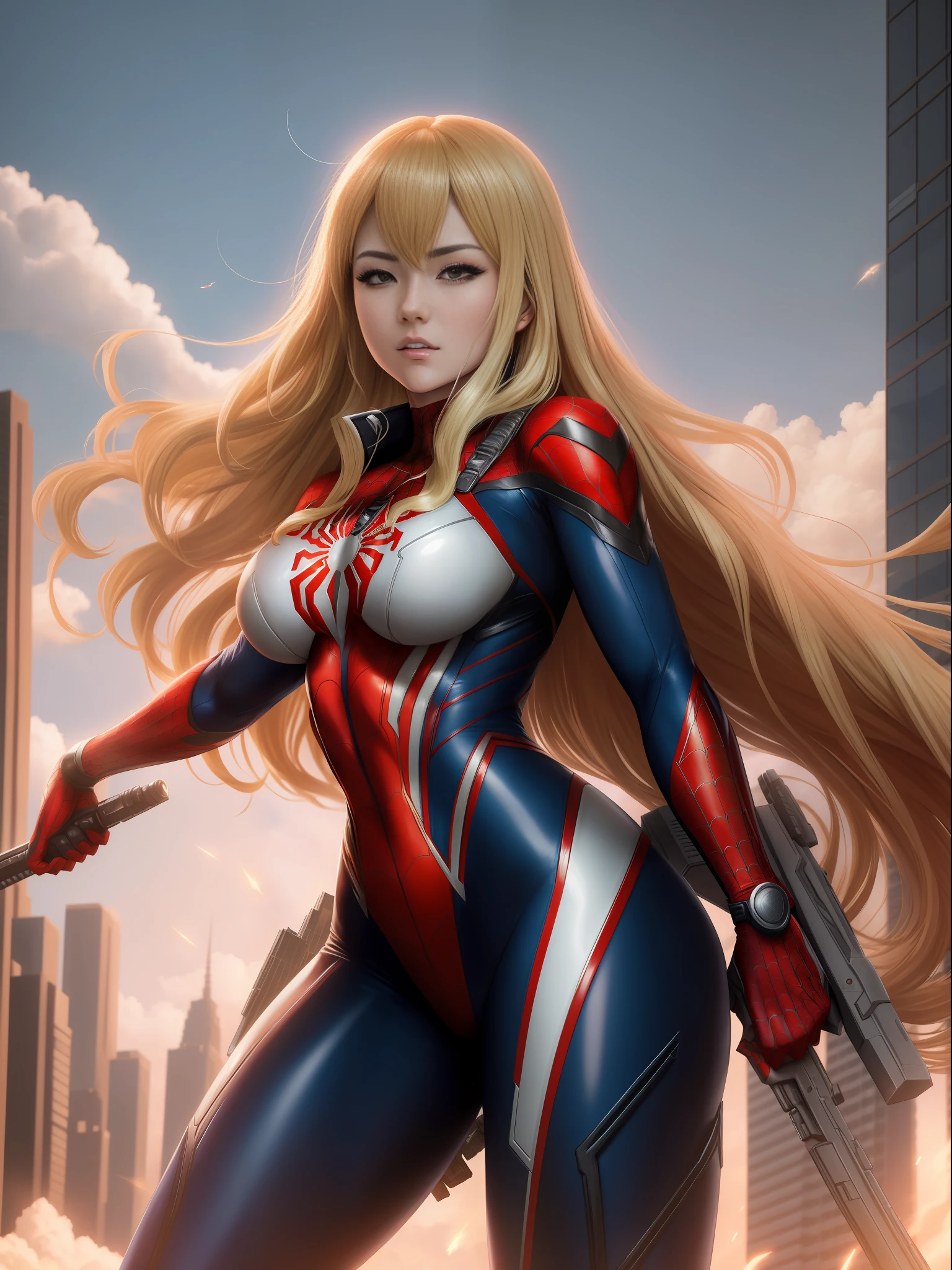 anime style, (Max quality:Sharpness:resolution:detailed) full body photo of a woman: Spiderman: Ultraman,solo,big breasts, long blonde hair:smooth: motion in the wind:in front of eye, holding modern weapon, You are in a futuristic city being attacked by aliens.