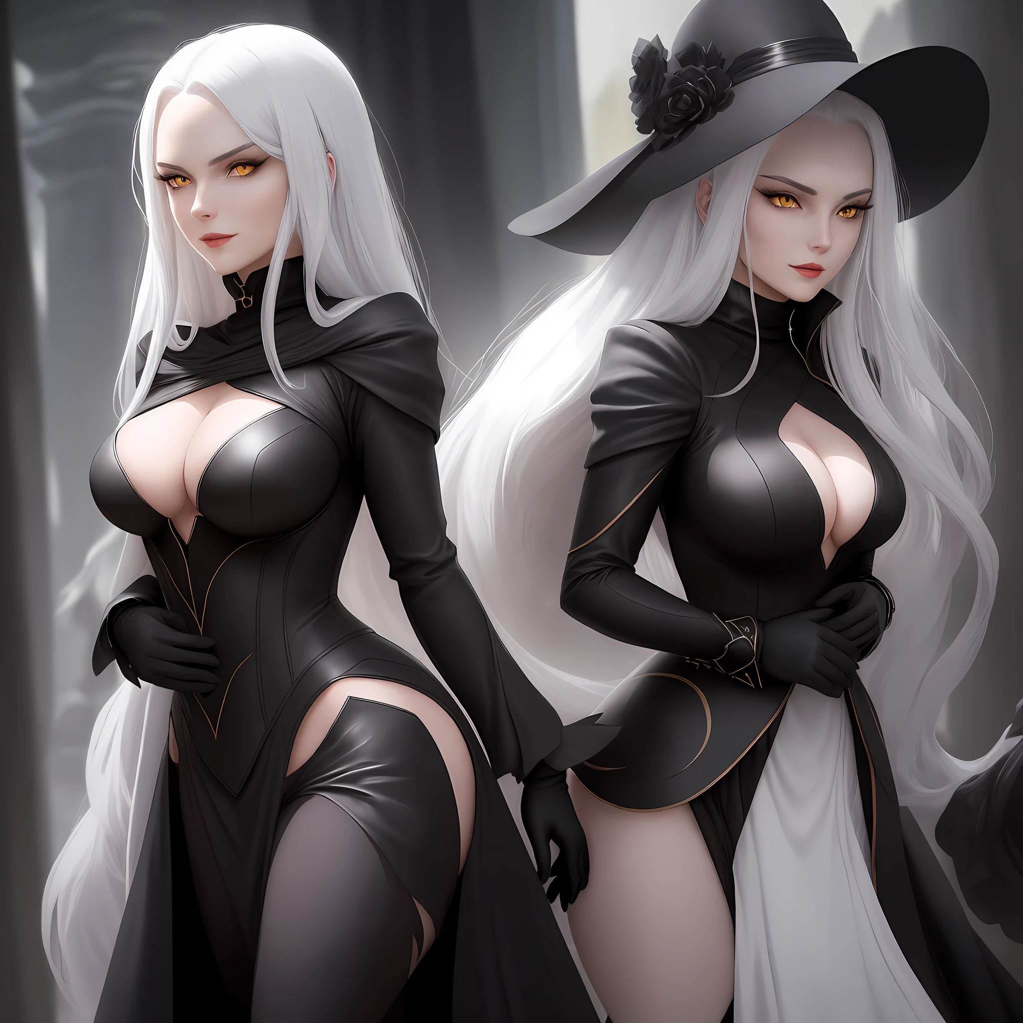Imagine a tall and mysterious woman with long white hair, piercing yellow eyes, and a wicked smile. She wears a red overcoat and black gloves, with a black turtleneck blouse underneath. Her black hat adds a touch of elegance and mystery to her appearance. She possesses a supernatural presence and an aura of shadowy power. Her curvaceous figure is accentuated by black leggings, revealing a provocative silhouette. She is portrayed as an entity who grants dark powers in exchange for sexual encounters, displaying a seductive and manipulative personality.Create an image that captures the intriguing and sensual essence of the character, with her distinctive features and an air of mystery surrounding her. Explore the contrast between the dark colors of her attire and the intense glow of her yellow eyes. Convey her seductive and powerful nature through her posture and facial expression. Bring this enigmatic and alluring character to life using the AI app, allowing your imagination to take visual form