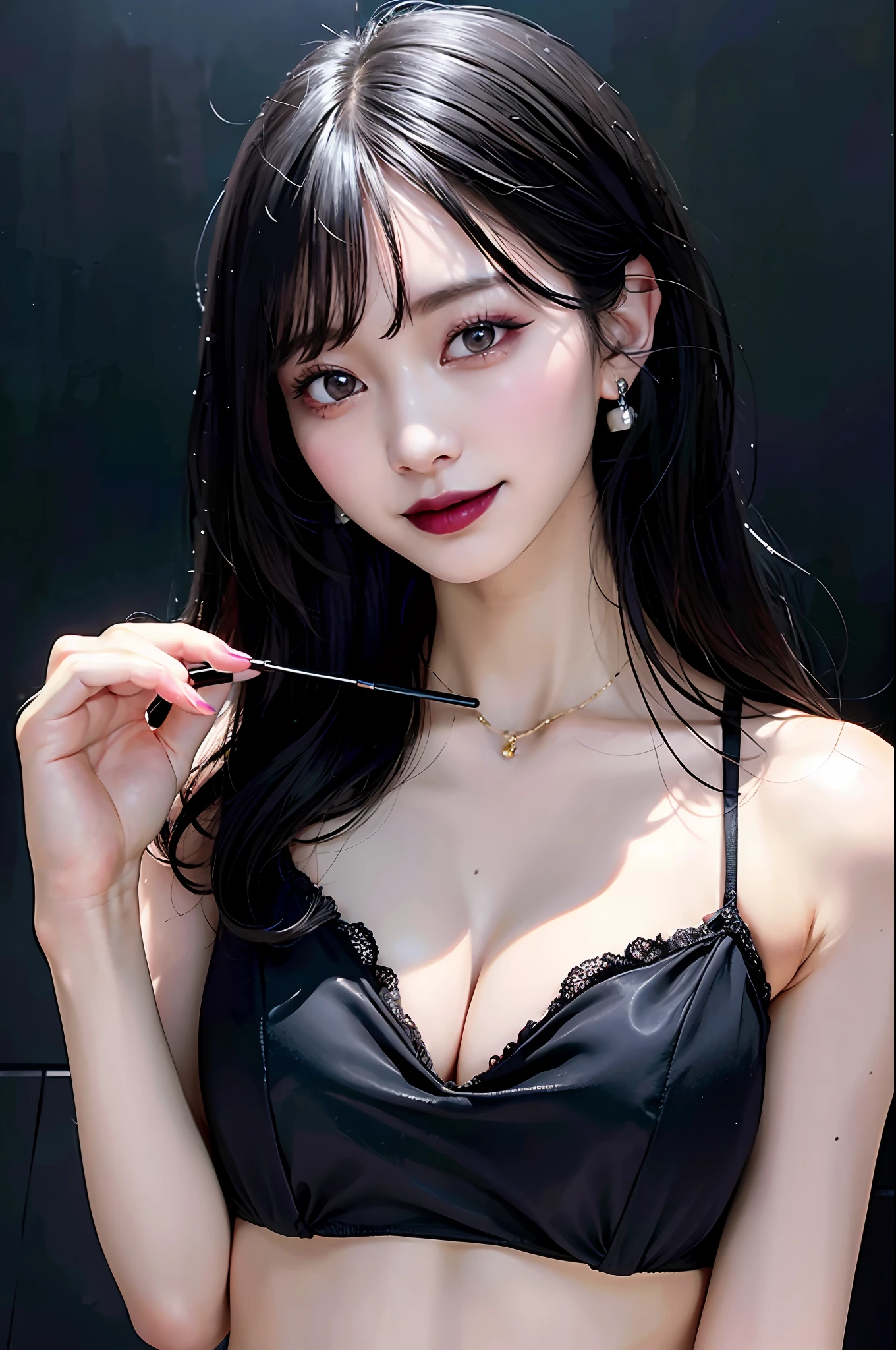 Black Hair Bob, (RAW Photography, Photorealism), (Very dark lip gloss, pitch black lipstick, so many eyelashes, pitch black eyeshadow, smiling, high quality, high resolution, depth of field, chromatic aberration, photon mapping, caustics, Japan people, women), glasses, white bra, necklace, one woman, earrings, bracelet, soft looking big, Good style, slender figure, the tip of the is clearly visible, the body line is very sexy, the are sticking out, the skin is very exposed, the areola is visible,