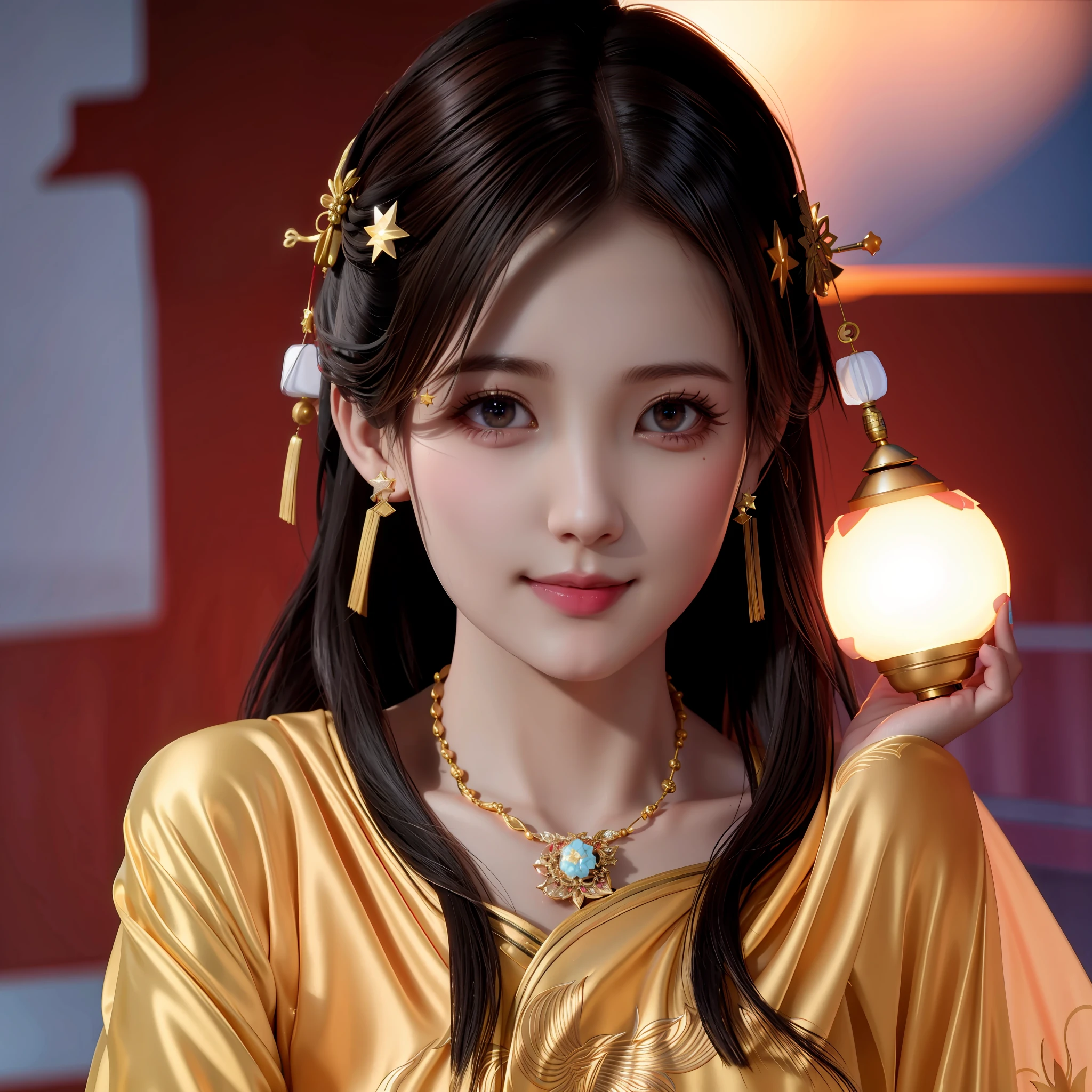 best quality, masterpiece, highres, 1girl,blush,(seductive smile:0.8),star-shaped pupils,china hanfu,hair ornament,necklace, jewelry,Beautiful face,upon_body, tyndall effect,photorealistic, dark studio, rim lighting, two tone lighting,(high detailed skin:1.2), 8k uhd, dslr, soft lighting, high quality, volumetric lighting, candid, Photograph, high resolution, 4k, 8k, Bokeh