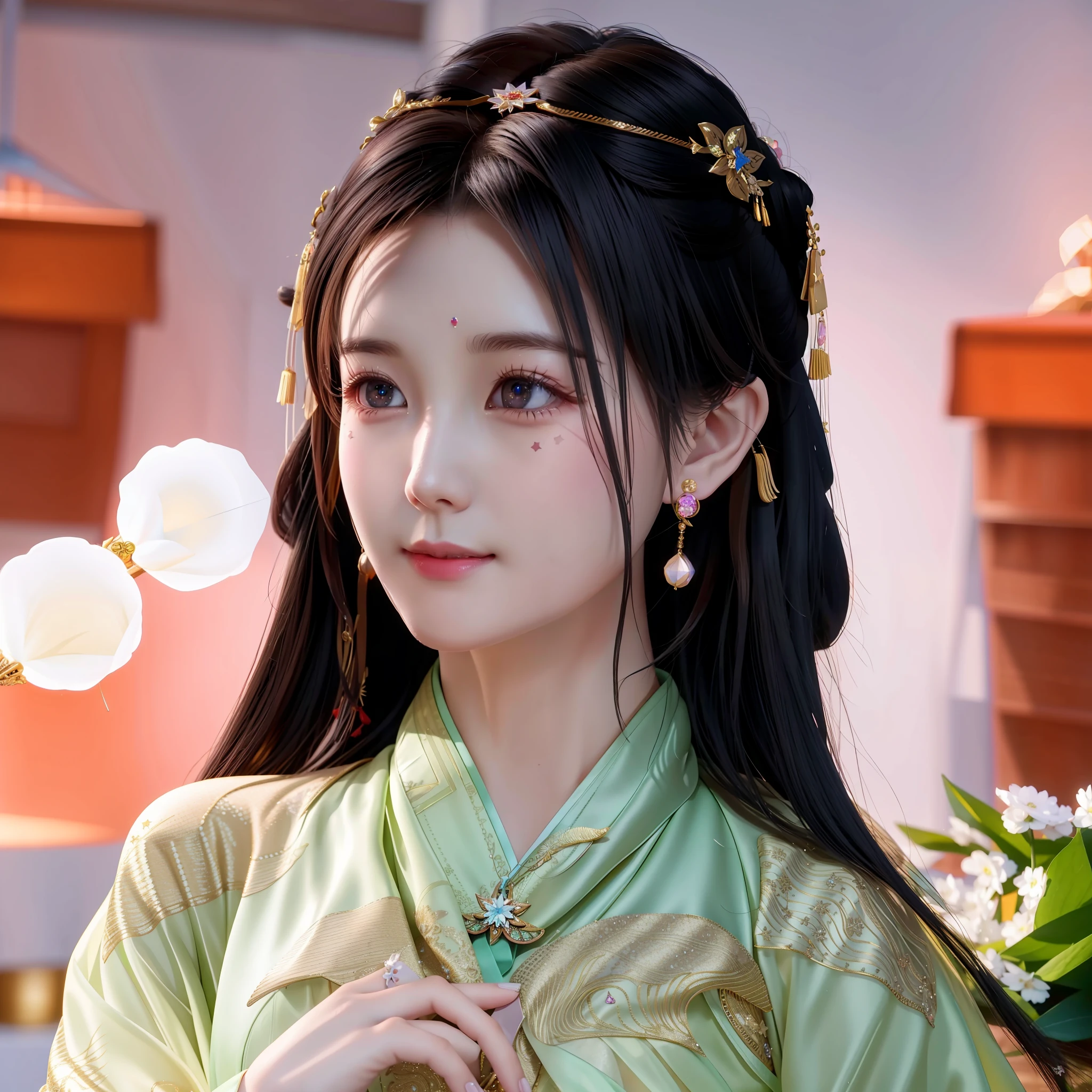 best quality, masterpiece, highres, 1girl,blush,(seductive smile:0.8),star-shaped pupils,china hanfu,hair ornament,necklace, jewelry,Beautiful face,upon_body, tyndall effect,photorealistic, dark studio, rim lighting, two tone lighting,(high detailed skin:1.2), 8k uhd, dslr, soft lighting, high quality, volumetric lighting, candid, Photograph, high resolution, 4k, 8k, Bokeh