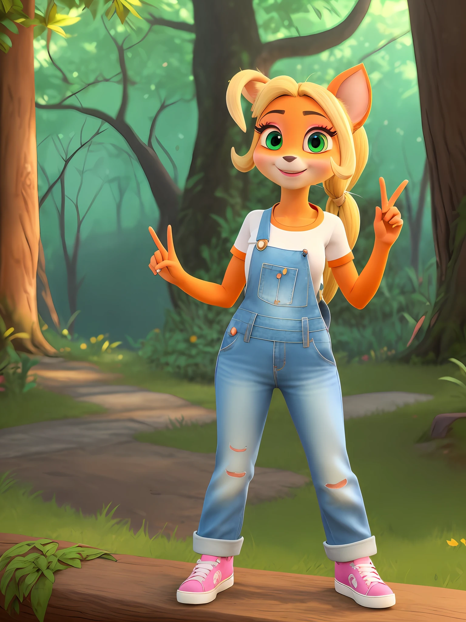 masterpiece, beautiful, detailed, best quality, high res, simple forest background, white shirt (pink lined clothes), peace sign (1 arm on hip), denim overalls, looking at viewer, happy expression, white teeth with cute fang, blonde hair with curly ponytail, green eyes, pink eye shadow, short eyelashes, bandicoot, bandicoot snout, black nose, bandicoot ears, sfw, detailed two colored fur (orange and yellow)