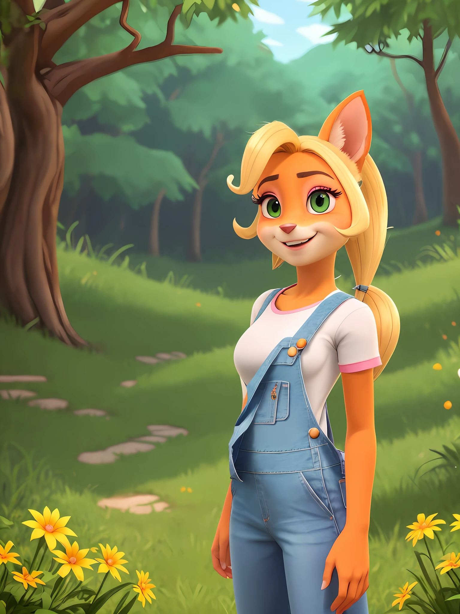 masterpiece, beautiful, detailed, best quality, high res, simple forest background, white shirt (pink lined clothes), peace sign (1 arm on hip), denim overalls, looking at viewer, happy expression, white teeth with cute fang, blonde hair with curly ponytail, green eyes, pink eye shadow, short eyelashes, bandicoot, bandicoot snout, black nose, bandicoot ears, sfw, detailed two colored fur (orange and yellow)