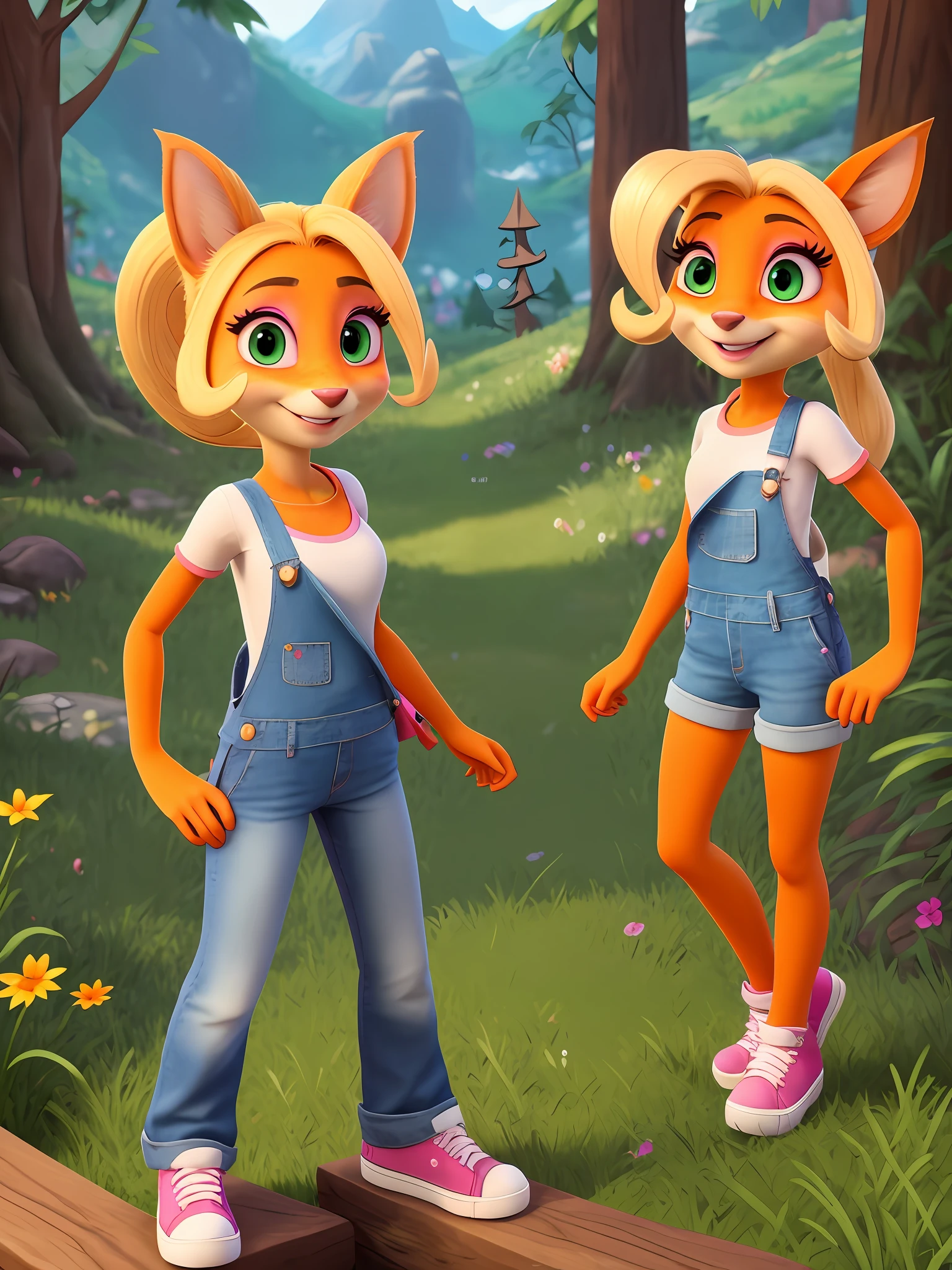 masterpiece, beautiful, detailed, best quality, high res, simple forest background, white shirt (pink lined clothes), peace sign (1 arm on hip), denim overalls, looking at viewer, happy expression, white teeth with cute fang, blonde hair with curly ponytail, green eyes, pink eye shadow, short eyelashes, bandicoot, bandicoot snout, black nose, bandicoot ears, sfw, detailed two colored fur (orange and yellow)
