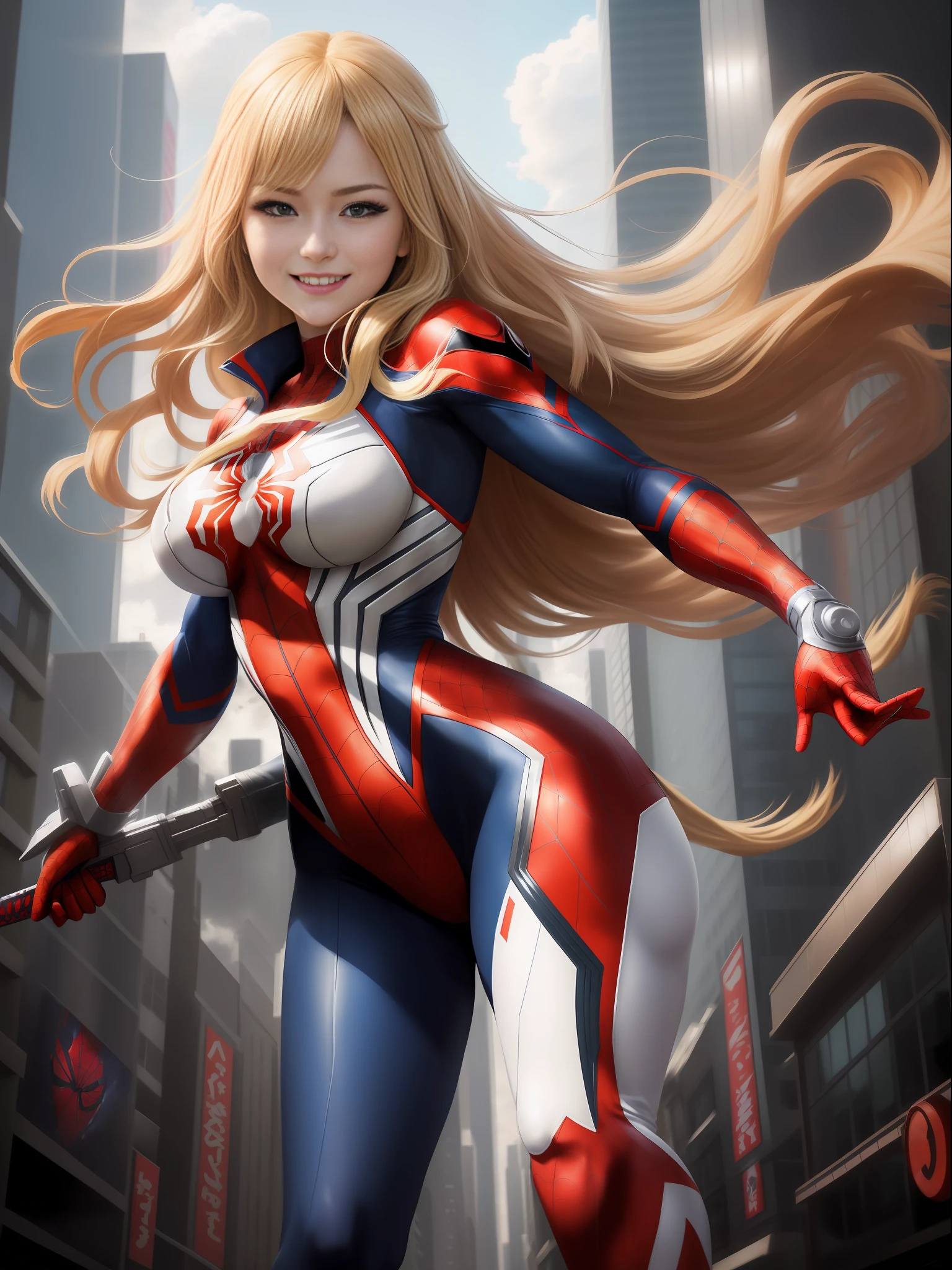 anime style, (Max quality: Sharpness:resolution:detailed) full body photo of a woman:Spiderman: Ultraman,solo,big breasts, long blonde hair:smooth: motion in the wind:in front of eye, holding modern weapon, staring at the viewer, smiling, she is in a futuristic city being attacked by aliens.