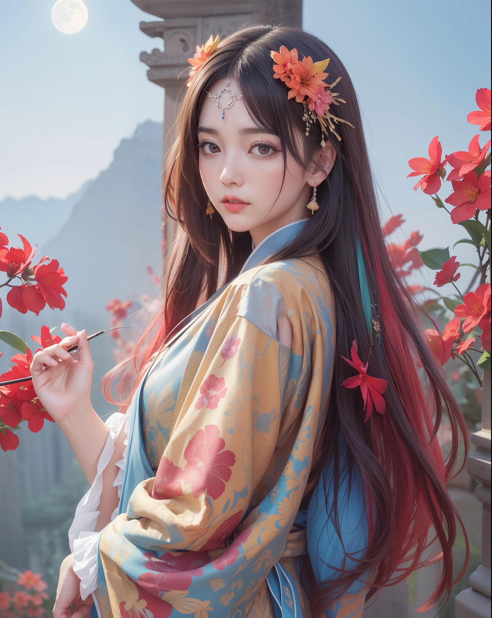 (8k, RAW photo:1.2),best quality, ultra high res,dramatic angle,(fluttered detailed color splashs), (illustration),(((1 girl))),(long hair),(rain:0.9),(hair ornament:1.4),there is an ancient palace beside the girl,chinese clothes,(focus on), color Ink wash painting,(color splashing),colorful splashing,(((colorful))),(sketch:0.8), Masterpiece,best quality, beautifully painted,highly detailed,(denoising:0.6),[splash ink],((ink refraction)), (beautiful detailed sky),moon,highly,detaild,(masterpiece, best quality, extremely detailed CG unity 8k wallpaper,masterpiece, best quality, ultra-detailed),(Lycoris radiata),