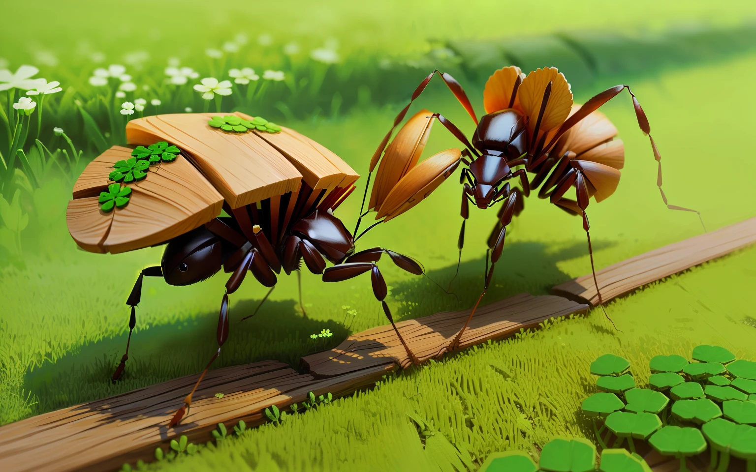 giant ants walking on wood and clover