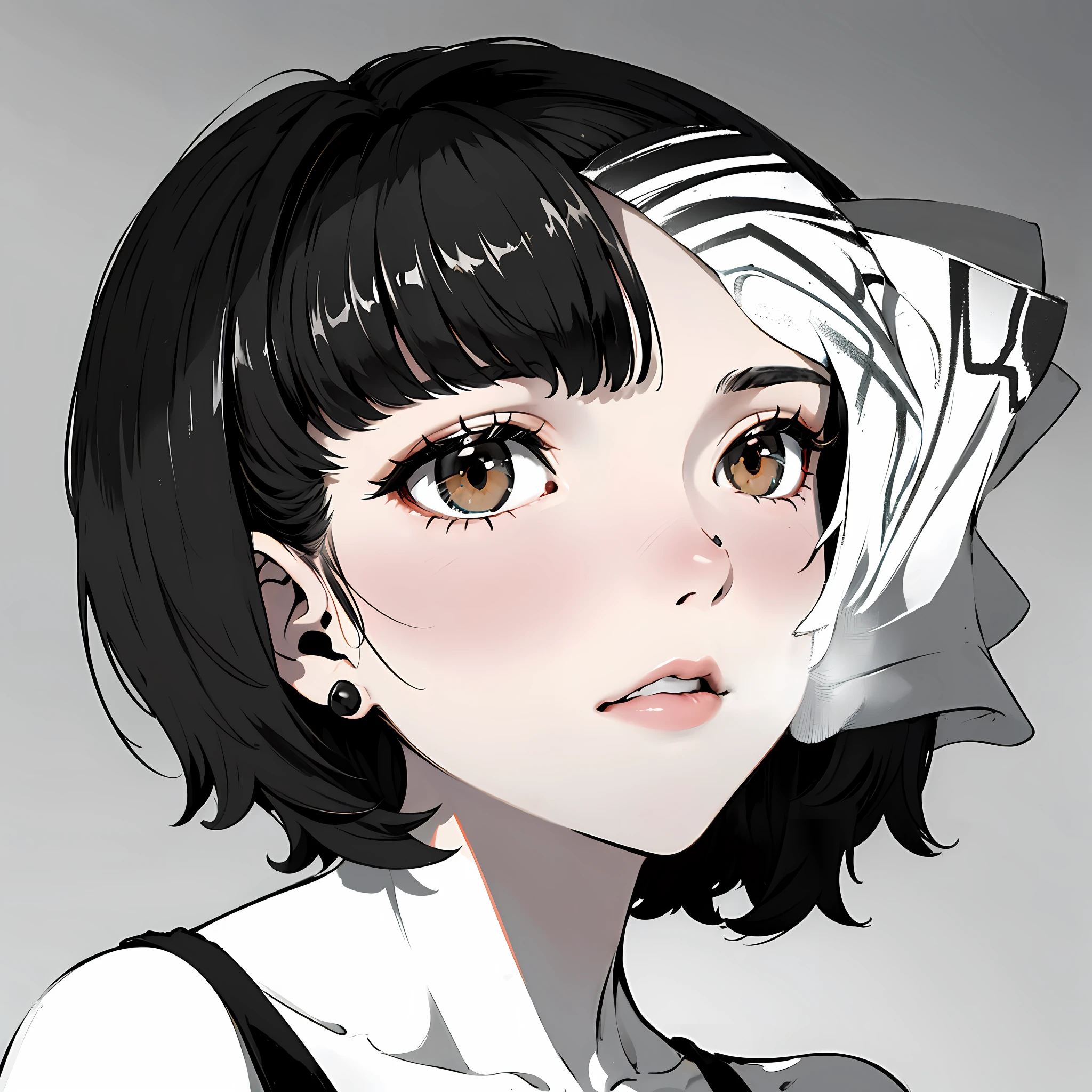 Short black hair, stud earrings, side face, look at me, temperament black short hair, stud earrings, side face, look at me, temperament.