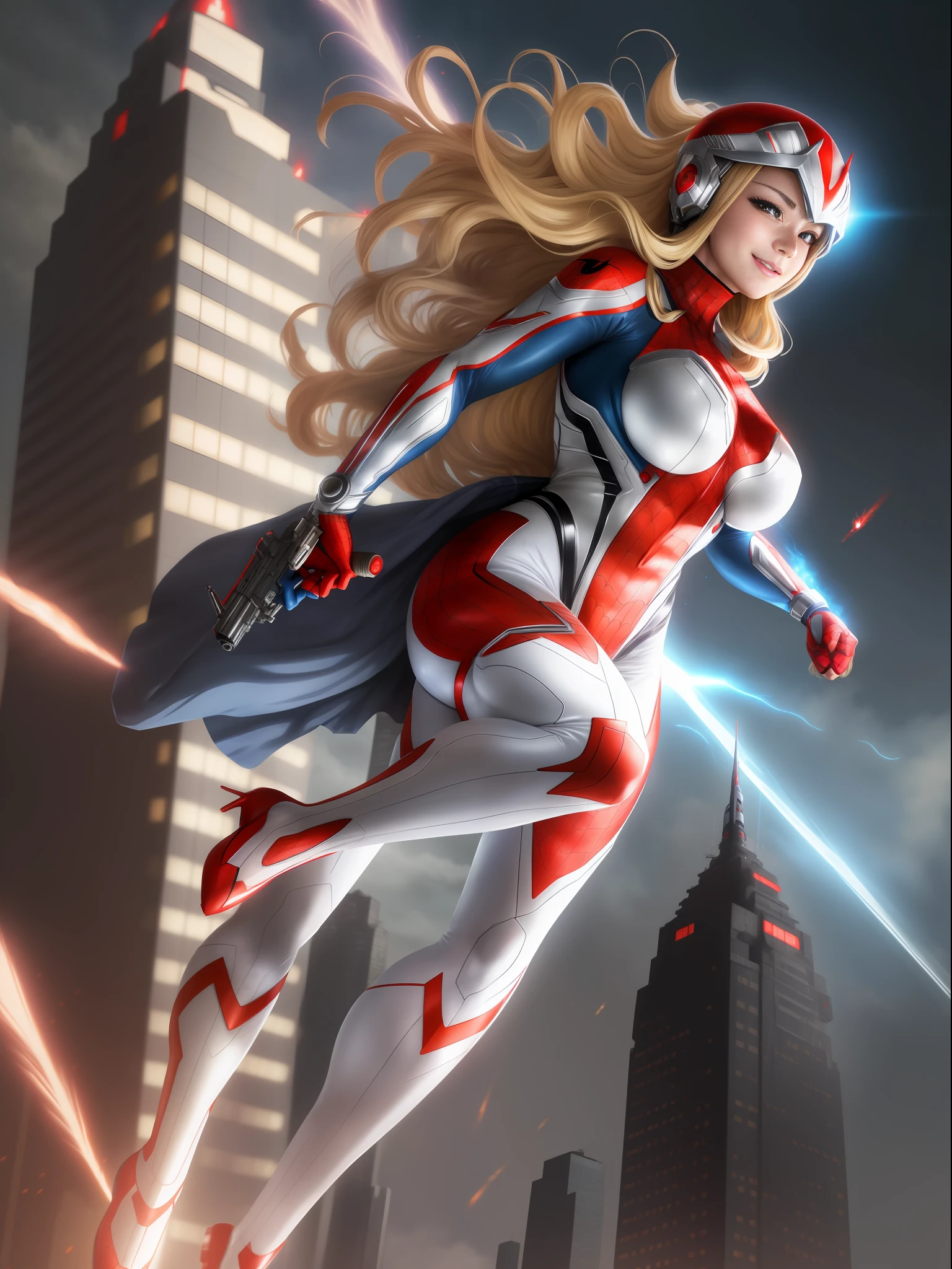 Ultraman, anime style, (Max quality: Sharpness:resolution:detailed) full body shot of woman:Spiderman: Ultraman,solo,big breasts, long blonde hair:smooth: wind motion:in front of eye, holding gun modern, helmet with face covering, staring at viewer, smiling, she is in a futuristic city being attacked by aliens.