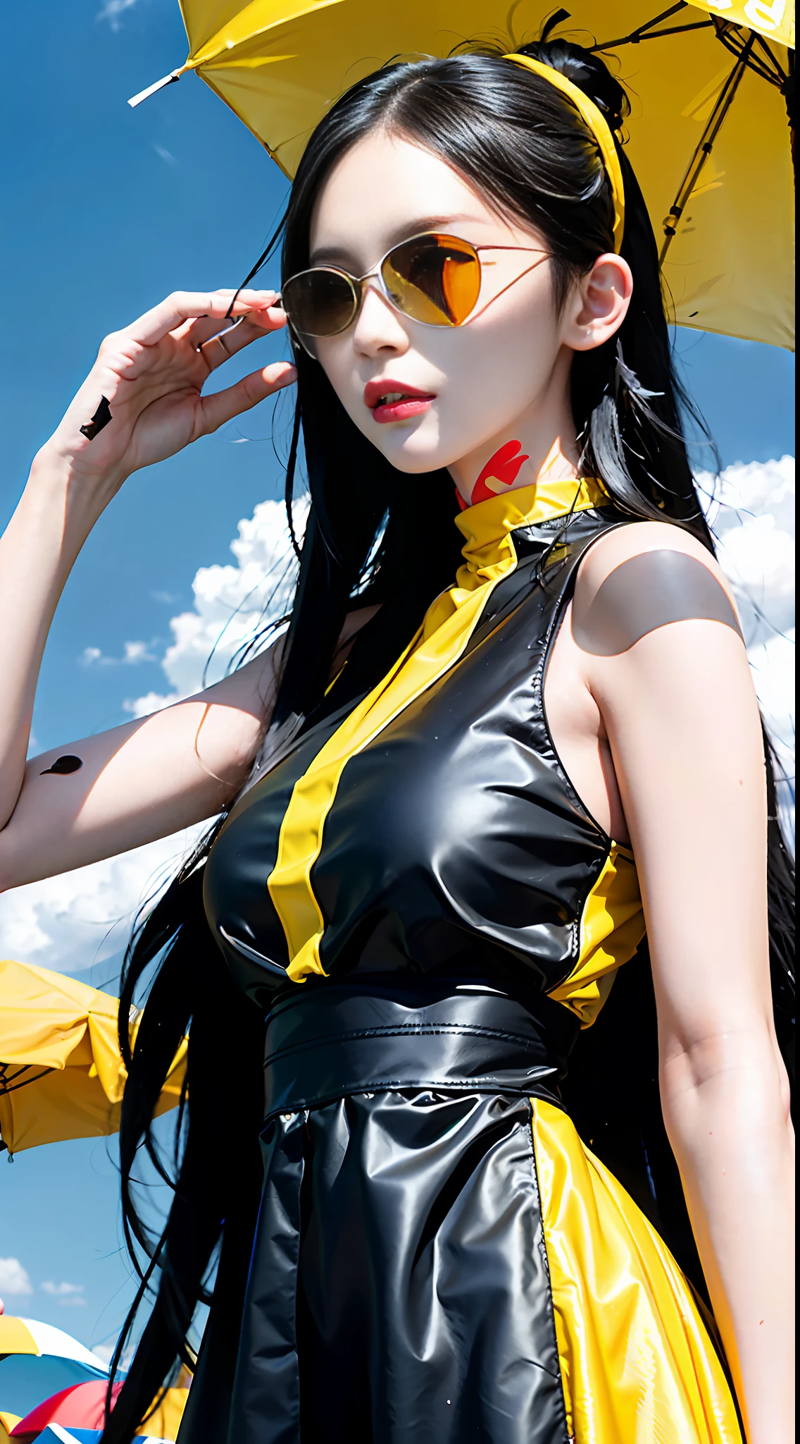 ((Outdoor picture)), ((1 girl)), ((Long black hair + Sunglasses: 1.2 + Yellow dress: 0.9)), polarized light source, bright colors, radial blur effect.
