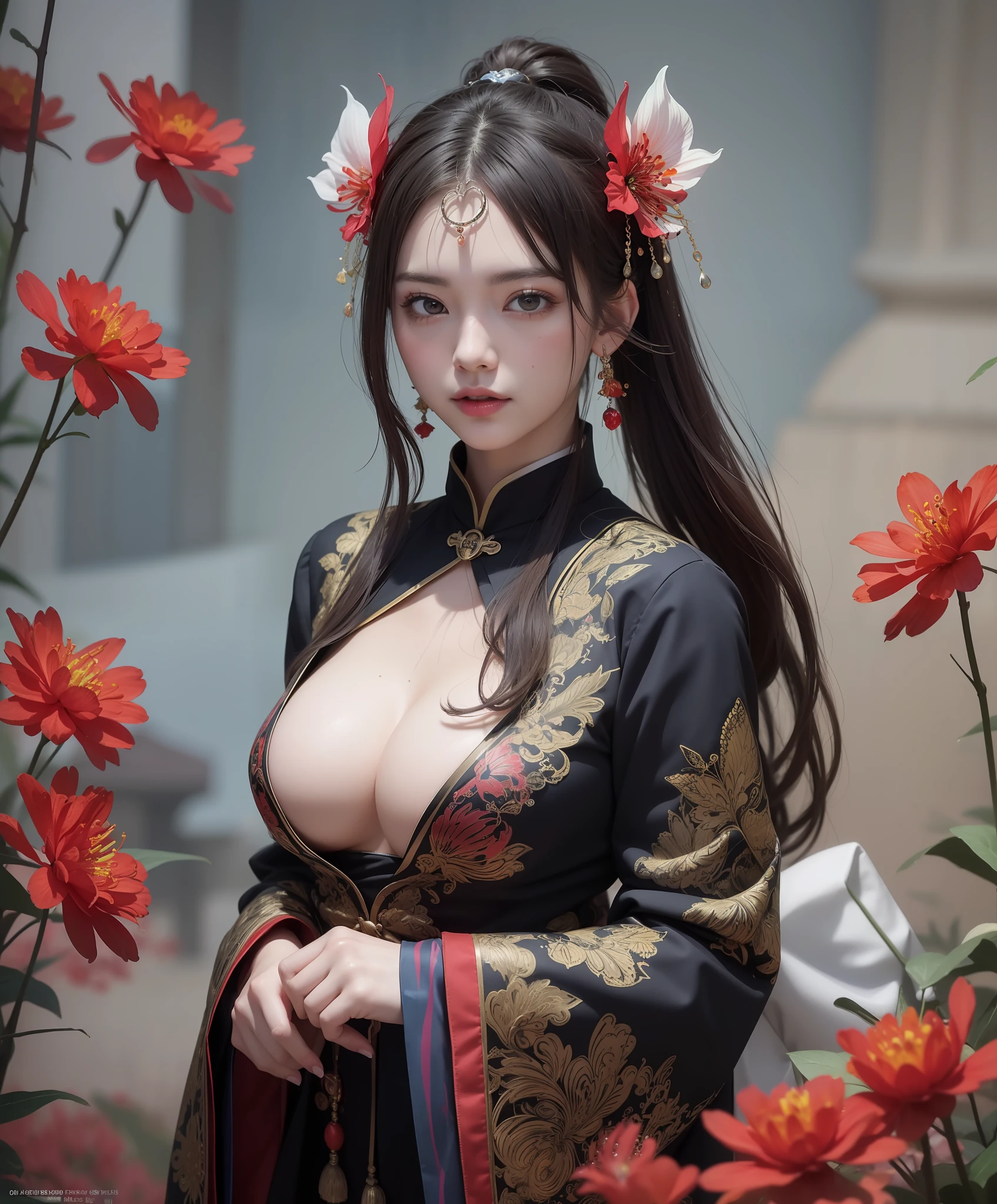 (8k, RAW photo:1.2),best quality, ultra high res,dramatic angle,(fluttered detailed color splashs), (illustration),(((1 girl))),(long hair),(rain:0.9),(hair ornament:1.4),there is an ancient palace beside the girl,chinese clothes,(focus on), color Ink wash painting,(color splashing),colorful splashing,(((colorful))),(sketch:0.8), Masterpiece,best quality, beautifully painted,highly detailed,(denoising:0.6),[splash ink],((ink refraction)), (beautiful detailed sky),moon,highly,detaild,(masterpiece, best quality, extremely detailed CG unity 8k wallpaper,masterpiece, best quality, ultra-detailed),(Lycoris radiata),gigantic 