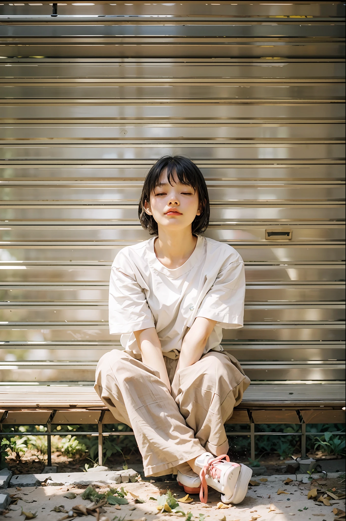 a woman sitting on a bench with her eyes closed, chiho, shiori teshirogi, by Torii Kiyomoto, lofi girl, 🚿🗝📝, with short hair, by Ayami Kojima, sitting in tokyo, 🤤 girl portrait, japanese illustrator, nishimiya shouko, kiyoko suzuki, portrait of a japanese teen