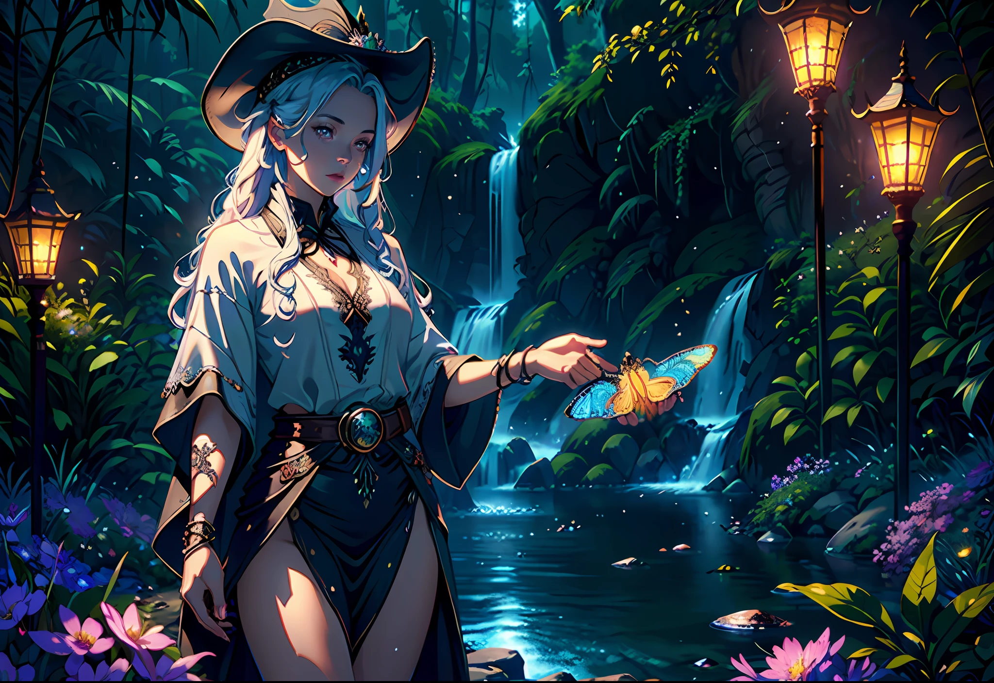 Masterpiece, incredible details, epic realistic, ultra clarity , (intricate details:1.12), (HDR:1.4), octane render, 3d render, cgi,dramatic, bokeh,
(dark shot:1.22), soft cinematic light,
Fast-flowing waterfalls, mountains, rivers, fireflies, flowers, glowing butterflies, crystals,
1girl, long hair, floating hair, belt, glove, hand guard, wizard hat, intricate wizard robe,(natural skin texture, hyperrealism, soft light, sharp:1.2)