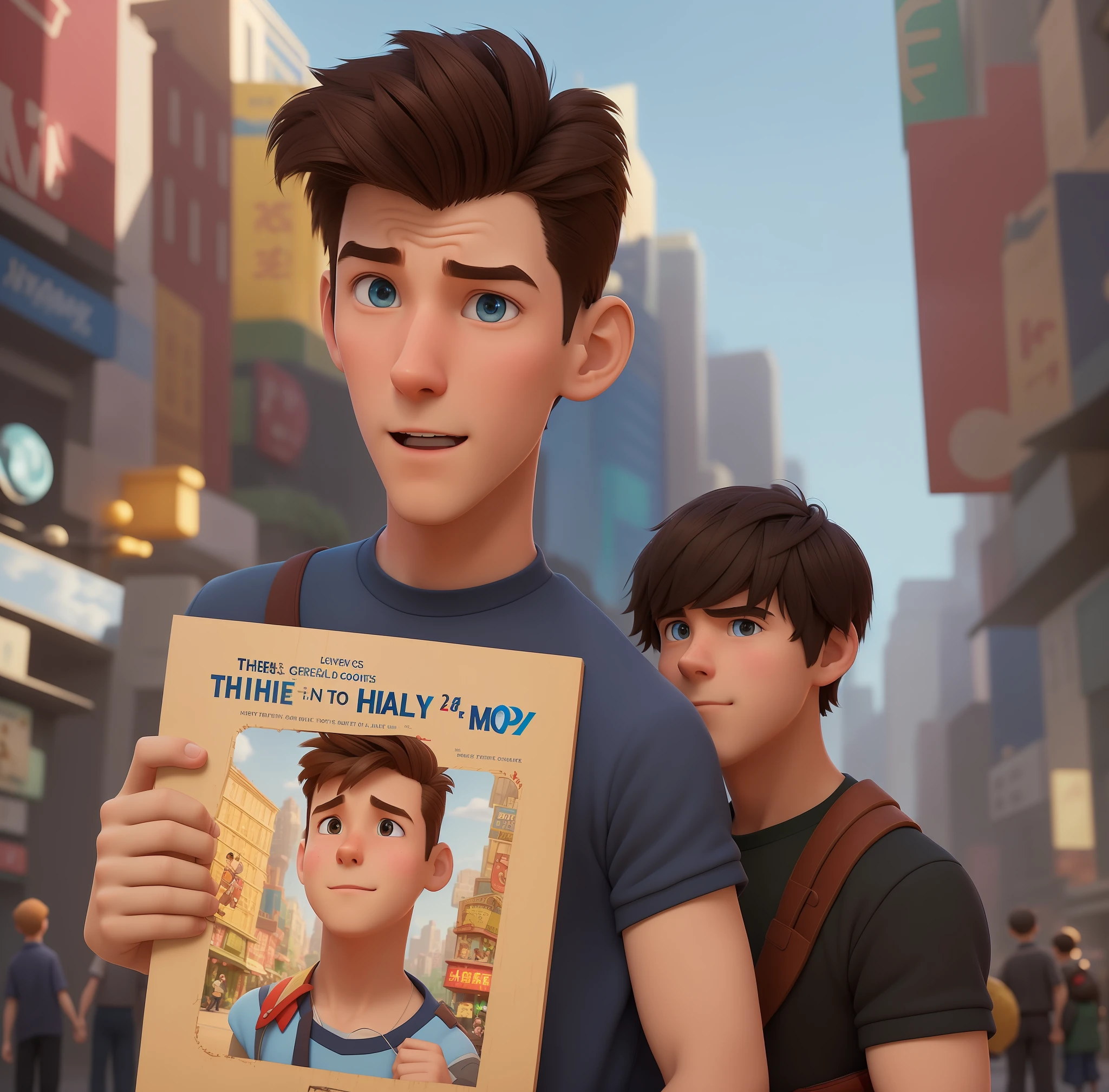 there is a man holding a picture of a boy in a city, animated film, inspired by John Luke, pixar portrait 8 k photo, animated movie still, photorealistic disney, movie promotional image, medium shot of two characters, animated movie, still from a 2015 pixar movie, atey ghailan and steve mccurry, still from the movie, alex miranda