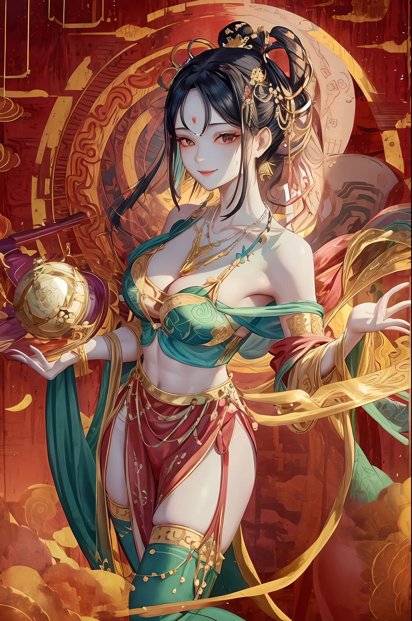 detailed skin texture, detailed cloth texture, beautifully detailed face, masterpiece, best quality, ultra detailed, 8k, intricate details, best quality, 1girl, bangs, bare_shoulders, black_hair, ancient china background, big breasts, thin, cape, cleavage, collarbone, green dress with patterns, gloves, hair_bun, hair_ornament, hair_stick, jewelry, one mole under eye, necklace, smile, solo, thighhighs, (hiqcgbody:0.5), (hiqcgface:0.5), full-body shot,