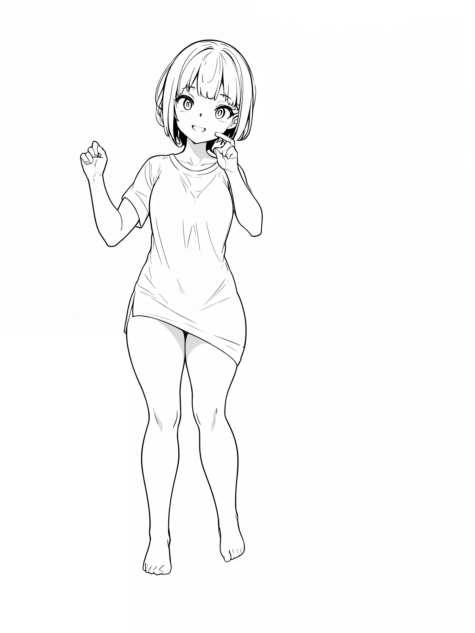 drawing of a girl in a short skirt and a shirt, clean anime outlines, anime pose, line sketch!!, pose(arms up + happy), pudica pose gesture, full body portrait of a short!, various pose, outline sketch, thick outline, thick lineart, casual pose, distorted pose, simple lineart, full body!! dynamic pose