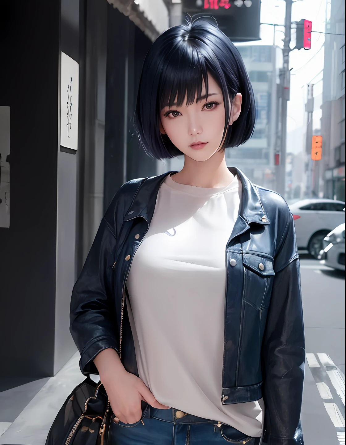 (masterpiece), ((high details)), (high detail face), intricate detail, depth of field, backlighting, award winning, high quality, best quality, 8k, Motoko Kusanagi, (inverted bob hair:1.3), short dark blue hair, ponytail, cyberpunk jacket, black short denim, outside, street, Tokyo, night, standing, looking at the viewer
