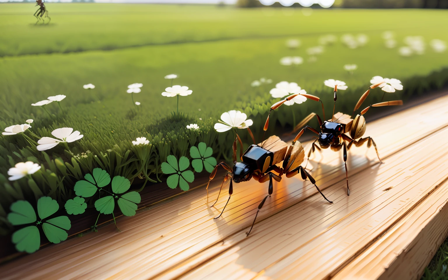 giant ants walking on wood and clover