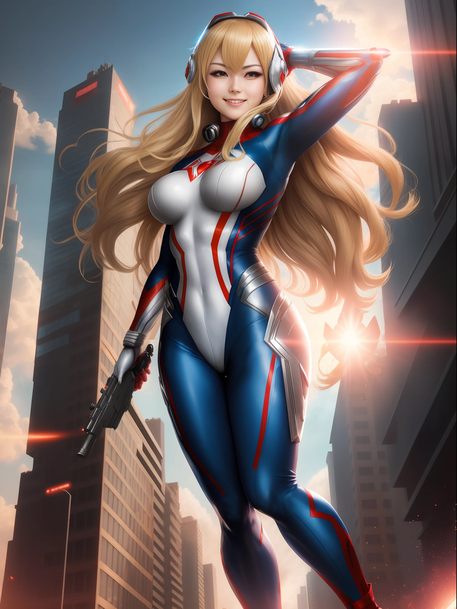 Ultraman, anime style, (Max quality: Sharpness:resolution:detailed) full body shot of woman:Spiderman: Ultraman,solo,big breasts, long blonde hair:smooth: wind motion:in front of eye, holding gun modern, helmet with face covering, staring at viewer, smiling, she is in a futuristic city being attacked by aliens.