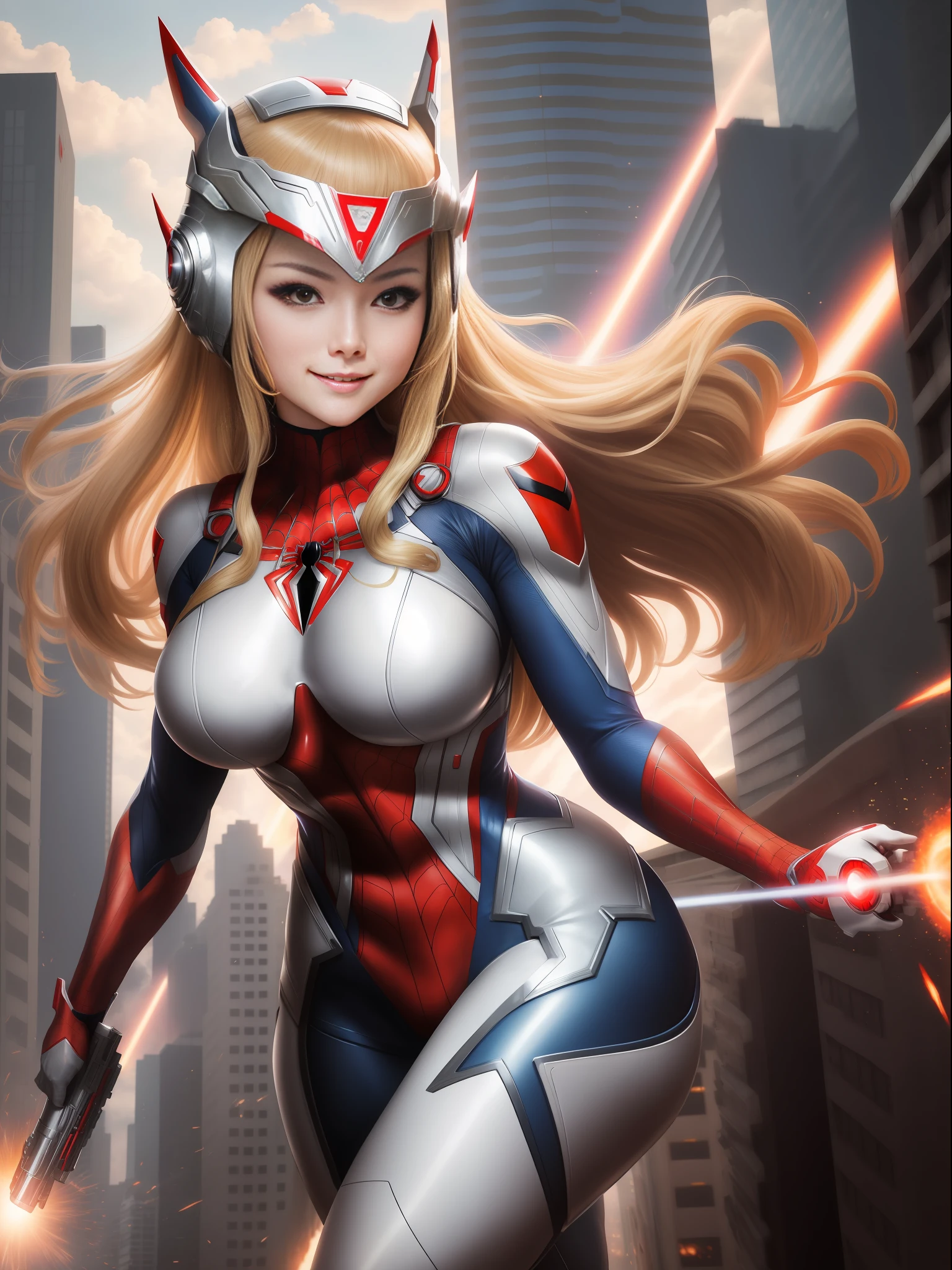 Ultraman, anime style, (Max quality: Sharpness:resolution:detailed) full body shot of woman:Spiderman: Ultraman,solo,big breasts, long blonde hair:smooth: wind motion:in front of eye, holding gun modern, helmet with face covering, staring at viewer, smiling, she is in a futuristic city being attacked by aliens.