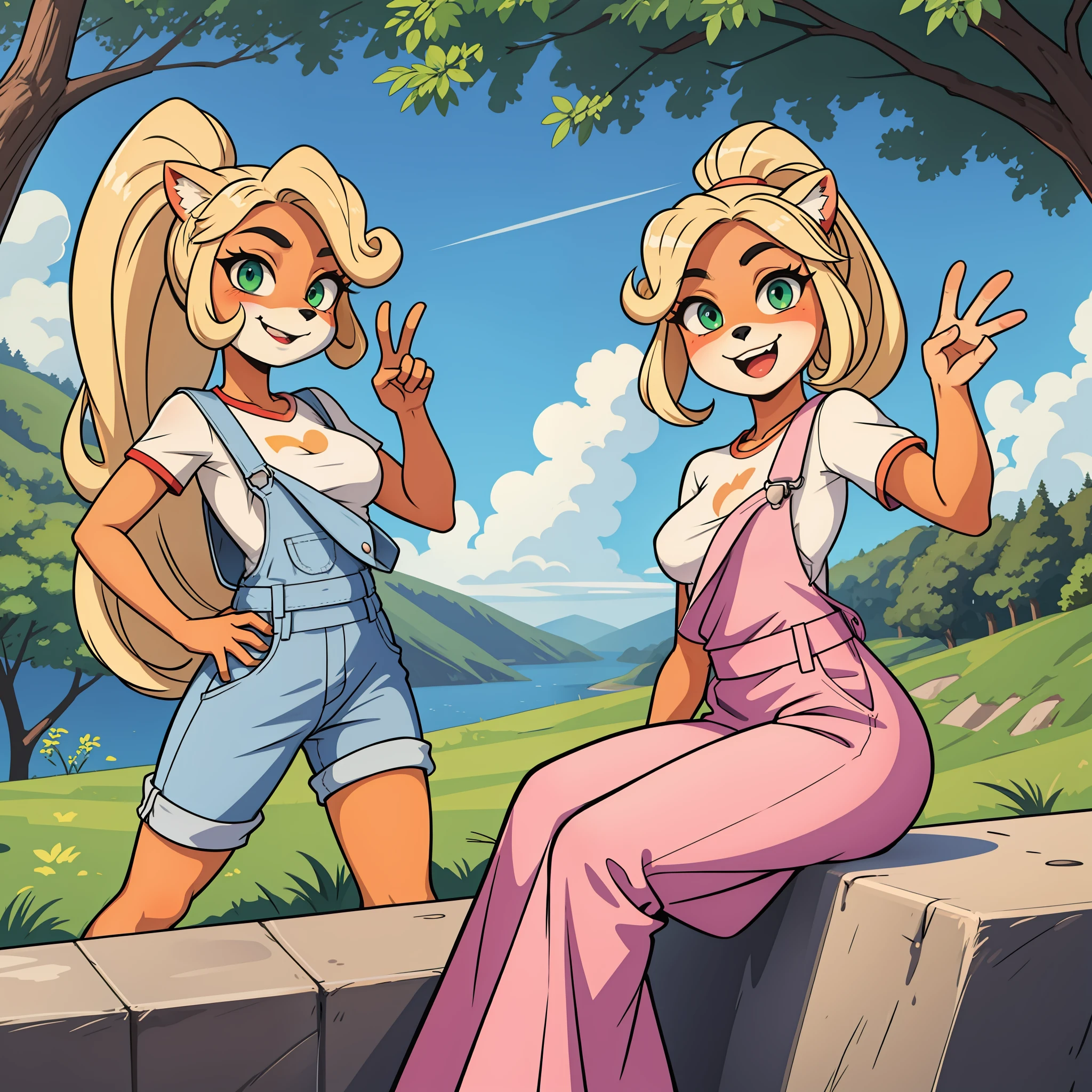 (1girl:1.000), (animal ears:0.961), (blonde hair:0.780), (blue sky:0.975), (breasts:0.881), (forest:0.815), (open mouth:0.715), (white teeth with cute fang:0.825), (cloud:0.971), (day:0.980), (furry:0.941), (furry female:0.963), (green eyes:0.925), (hand on hip:0.937), (peace sign:0.966), (ponytail:0.853), (looking at viewer:0.633), (outdoors:0.967), (overalls:0.798), (shirt:0.869), (short sleeves:0.679), (sky:0.989), (tree:0.862), (small breasts:0.673), (smile:0.902), (solo:0.997), (standing:0.709), (tree:0.596), (white shirt:0.894), coco bandicoot,