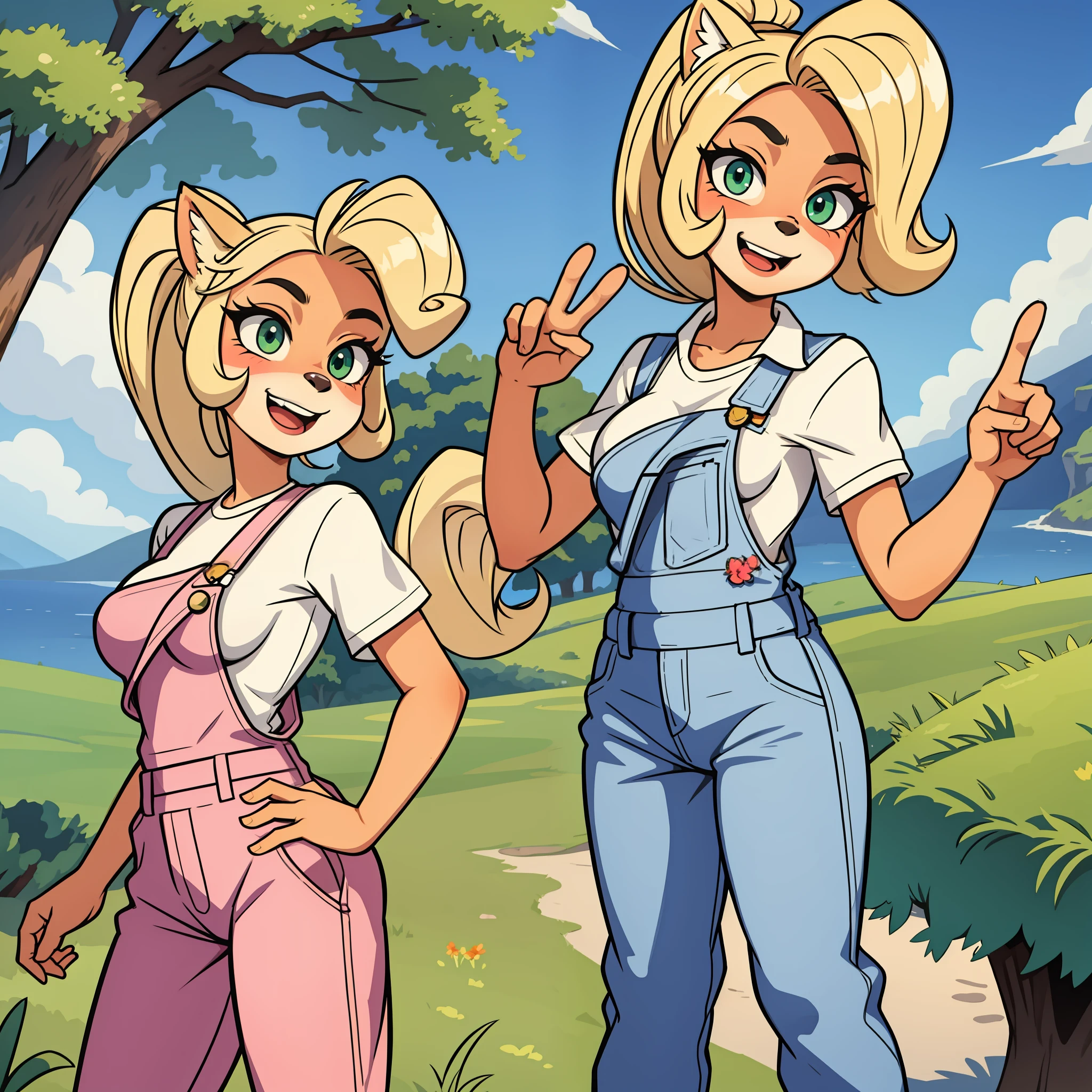 (1girl:1.000), (animal ears:0.961), (blonde hair:0.780), (blue sky:0.975), (breasts:0.881), (forest:0.815), (open mouth:0.715), (white teeth with cute fang:0.825), (cloud:0.971), (day:0.980), (furry:0.941), (furry female:0.963), (green eyes:0.925), (hand on hip:0.937), (peace sign:0.966), (ponytail:0.853), (looking at viewer:0.633), (outdoors:0.967), (overalls:0.798), (shirt:0.869), (short sleeves:0.679), (sky:0.989), (tree:0.862), (small breasts:0.673), (smile:0.902), (solo:0.997), (standing:0.709), (tree:0.596), (white shirt:0.894), coco bandicoot,