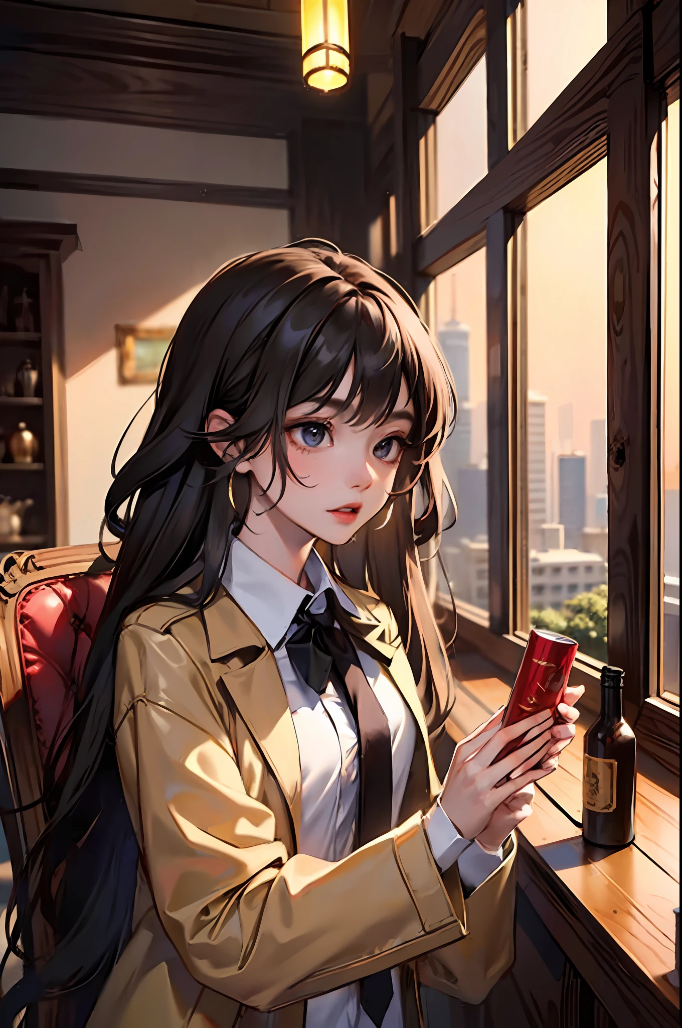 (Masterpiece, Best Quality: 1.4), (8K:1.3), Ultra Detailed, Highly Detailed, Extremely Detailed Light and Shadow, Tyndall Effect, Best Light, 1 Girl, Rin Higashisaka, Trench Coat, Double Tail, Shy Expression (Very Detailed Face: 1.2), Close-up, Earrings, Hall, Table, Kerosene Lamp, Sunlight Shining into the Room, Dust in the Sun, Leather Chair, Original Interior Decoration,