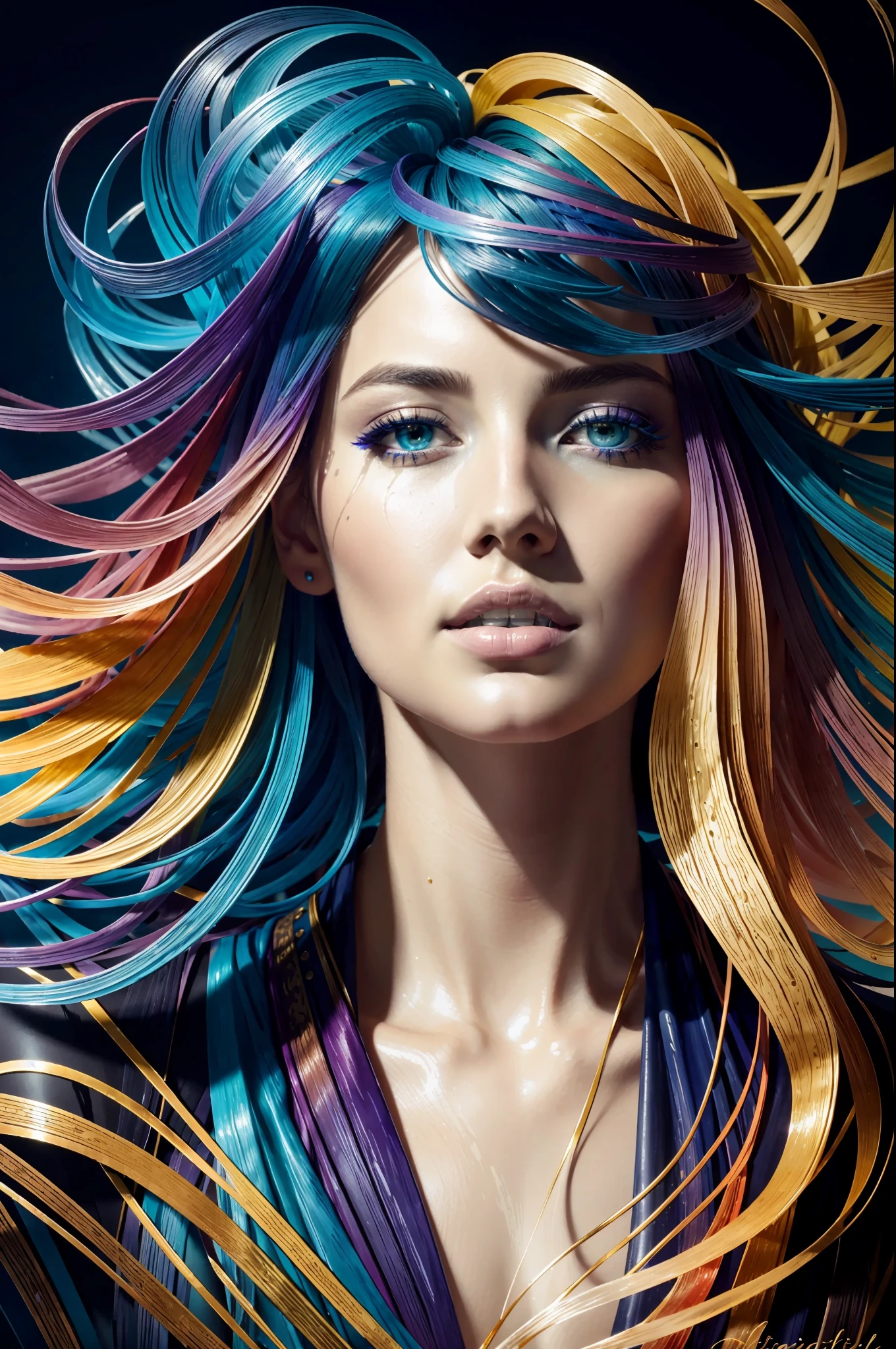 Colorful beautiful girl: a giru 28-years old, messy hair, oil painting, nice perfect face with soft skinice perfect face, blue yellow colors, light purple and violet additions, light red additions, intricate detail, splash screen, 8k resolution, masterpiece, cute face,artstation digital painting smooth veryBlack ink flow: 8k resolution photorealistic masterpiece: intricately detailed fluid gouache painting: by Jean Baptiste Mongue: calligraphy: acrylic: watercolor art, professional photography, natural lighting, volumetric lighting maximalist photoillustration: by marton bobzert:, complex, elegant, expansive, fantastical,  wavy hair, vibrant, Best quality details, realistic, High definition, High quality texture, epic lighting, Cinematic film still, 8k, soft lighting, anime style, masterful playing card border, random Colorful art, oil painting, blue yellow colors, light purple and violet additions, light red additions, intricate detail, splash screen, 8k resolution, masterpiece, artstation digital painting smooth veryBlack ink flow: 8k resolution photorealistic masterpiece: intricately detailed fluid gouache painting: by Jean Baptiste Mongue: calligraphy: acrylic: watercolor art, professional photography, natural lighting, volumetric lighting maximalist photoillustration: by marton bobzert:, complex, elegant, expansive, fantastical, vibrant