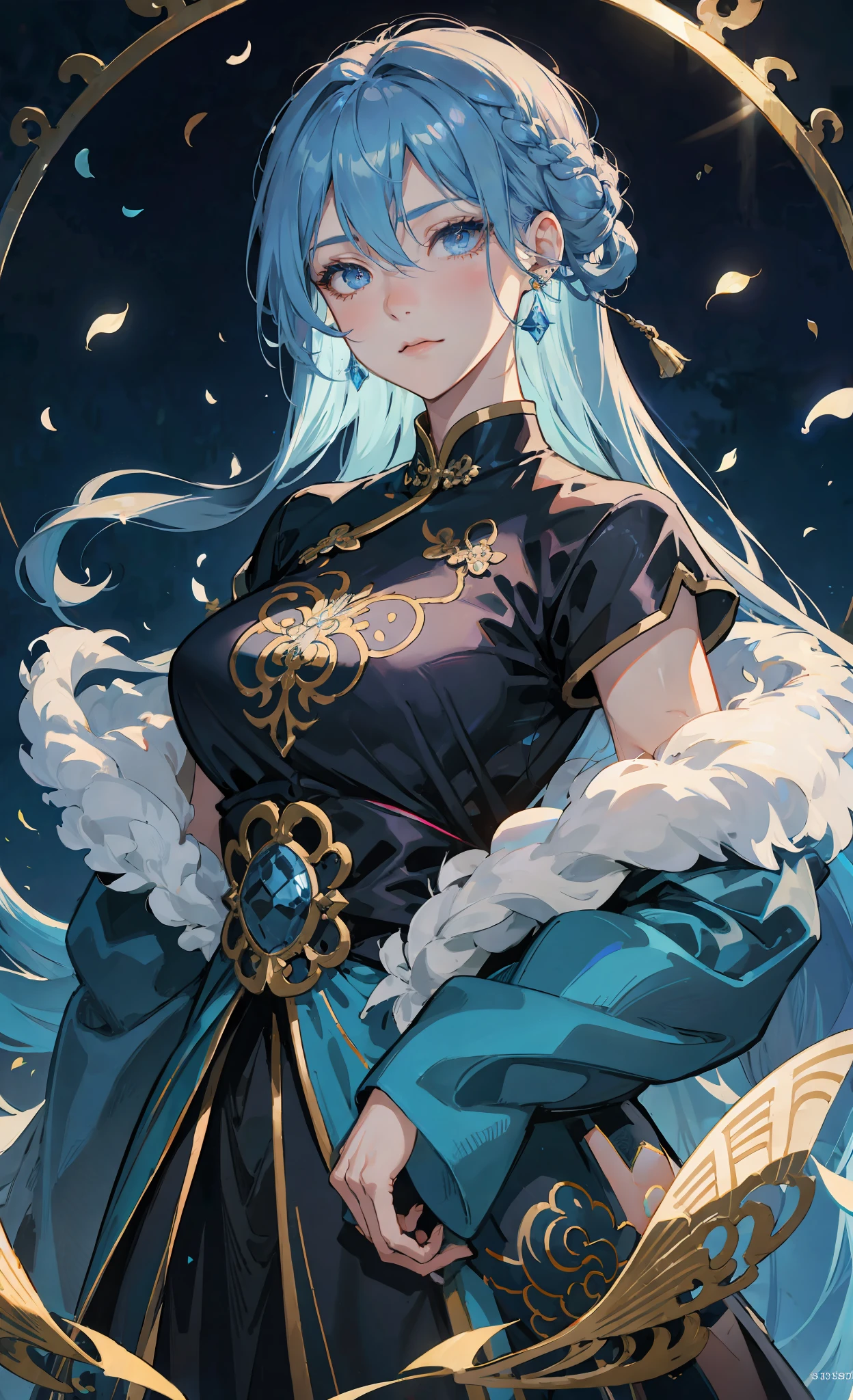 Official Art Illustration, Mature Royal Sister, Blue Eyes, Blue Hair, Indifferent Expression, Delicate Eye Makeup, Hair Bundle, Floating Hair, Delicate Eyes, Black Chinese Antique Silk Costume, Gorgeous Accessories, Intricate Filigree, Wearing Earrings, Sexy, Tits, FOV, F/1.8, Masterpiece, Dead Tree, Pond, Firefly, Night, Petals Flying, Side Light, Moonlight Shining on People, 8K, Hazy