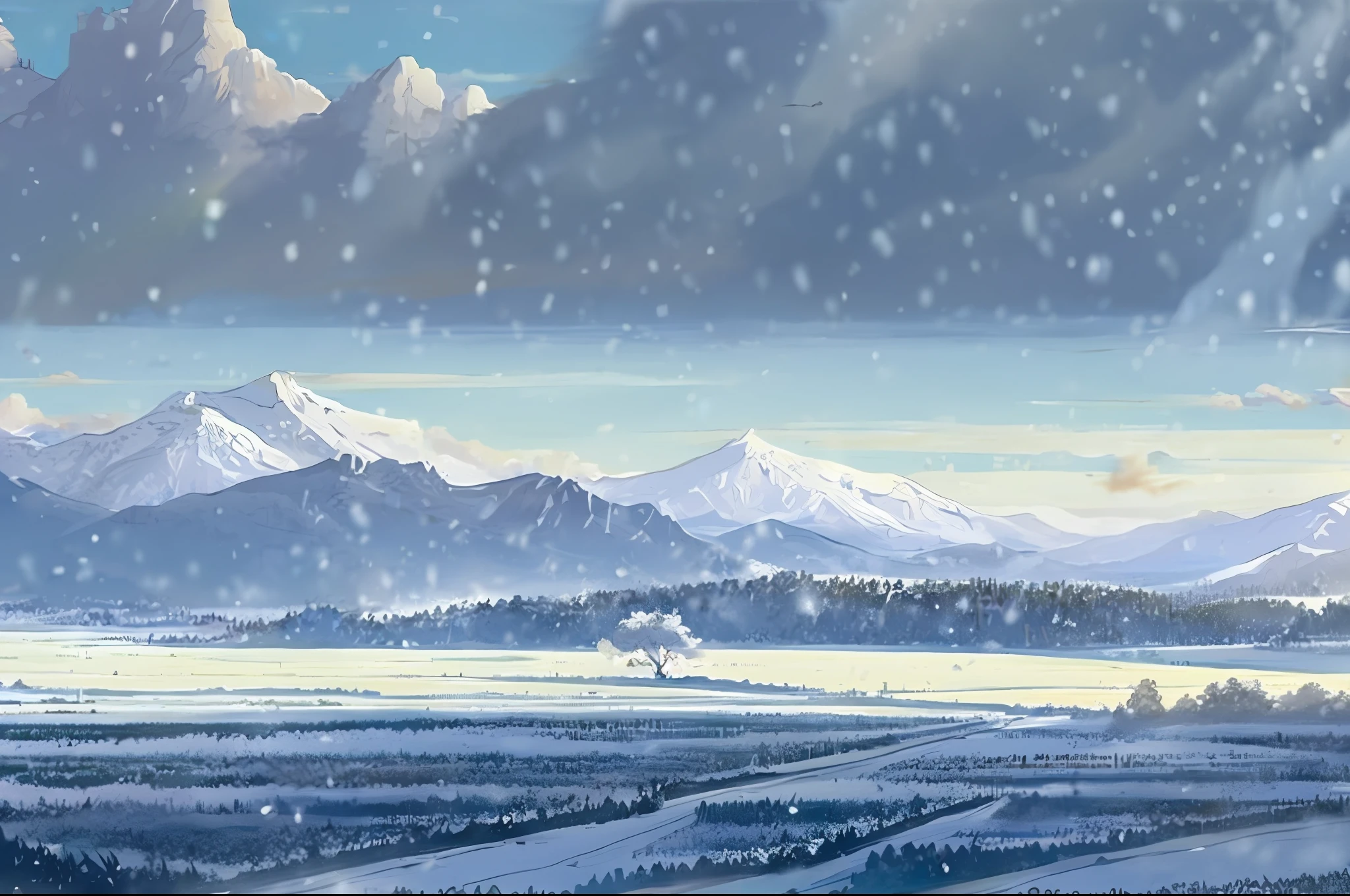 Snowapocalypse creates high-resolution artwork landscape artwork with mountains in the background, fields in the foreground, snowfall, falling snowflakes, clouds sparkling in the sun, made in winter by Makoto Shinkai and Studio Ghibli, very detailed, incredibly quality, trending on artstation, masterpiece, 8K dangergoose