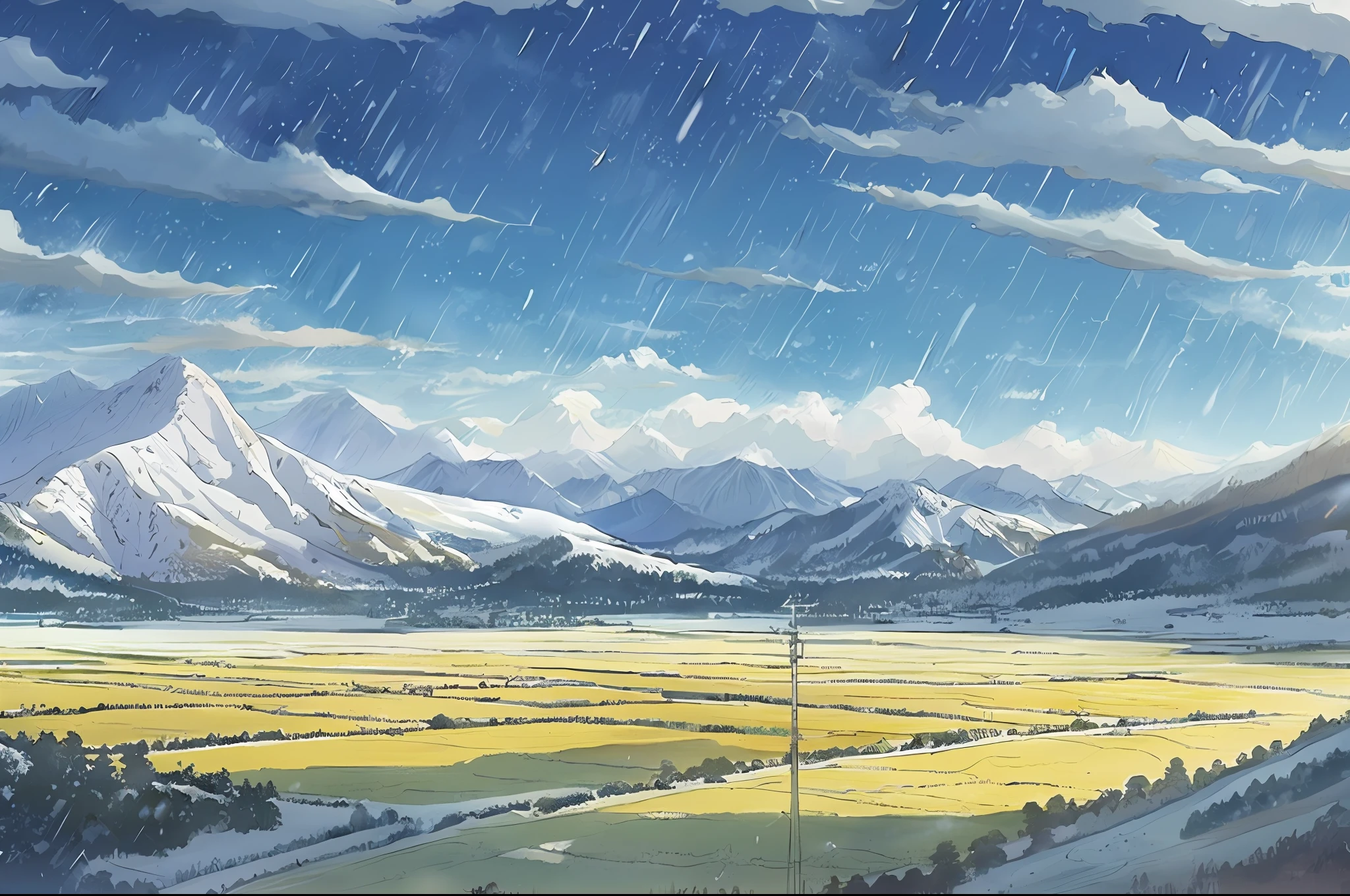 Snowapocalypse creates high-resolution artwork landscape artwork with mountains in the background, fields in the foreground, snowfall, falling snowflakes, clouds sparkling in the sun, made in winter by Makoto Shinkai and Studio Ghibli, very detailed, incredibly quality, trending on artstation, masterpiece, 8K dangergoose