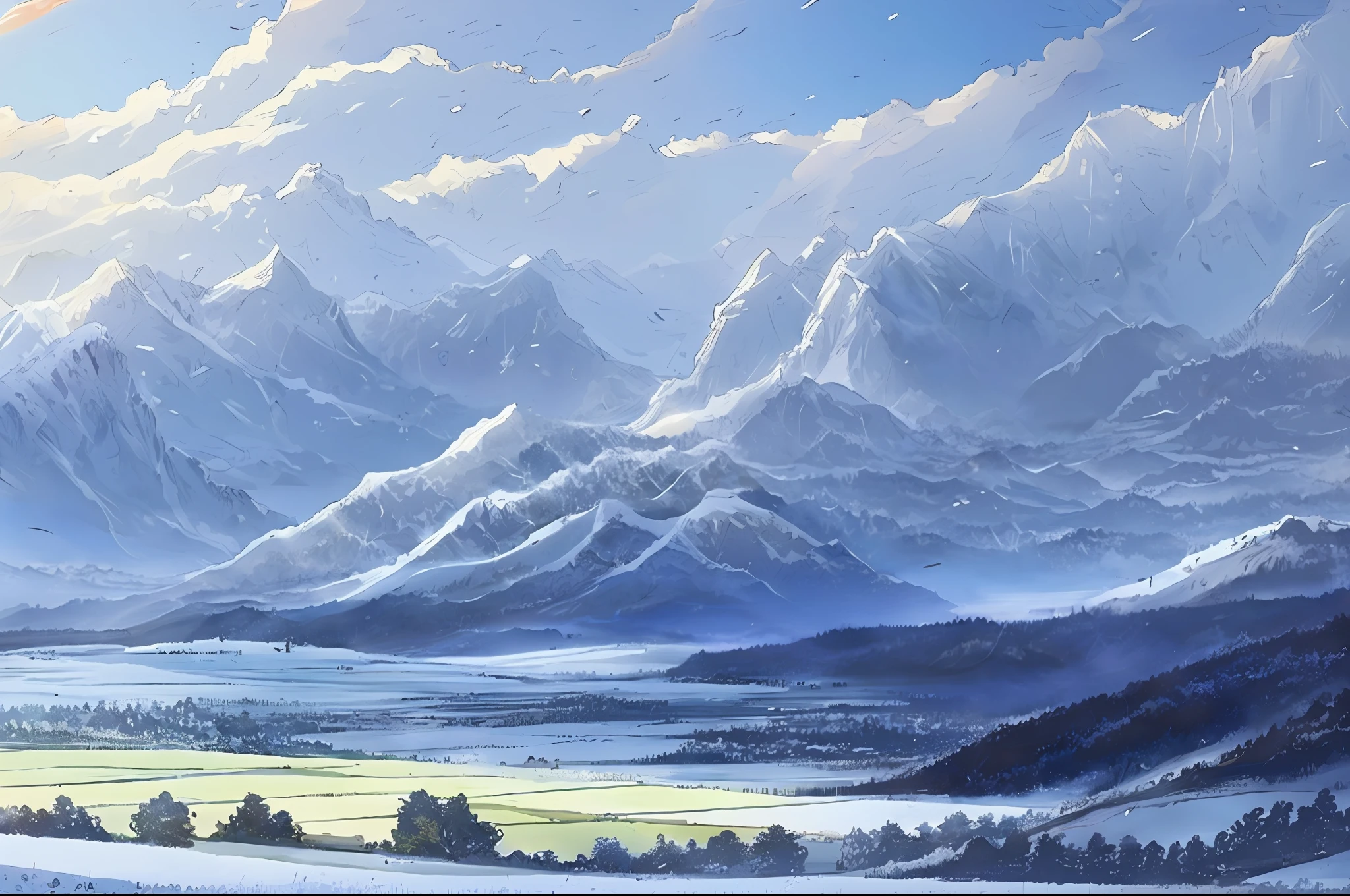 Snowapocalypse creates high-resolution artwork landscape artwork with mountains in the background, fields in the foreground, snowfall, falling snowflakes, clouds sparkling in the sun, made in winter by Makoto Shinkai and Studio Ghibli, very detailed, incredibly quality, trending on artstation, masterpiece, 8K dangergoose