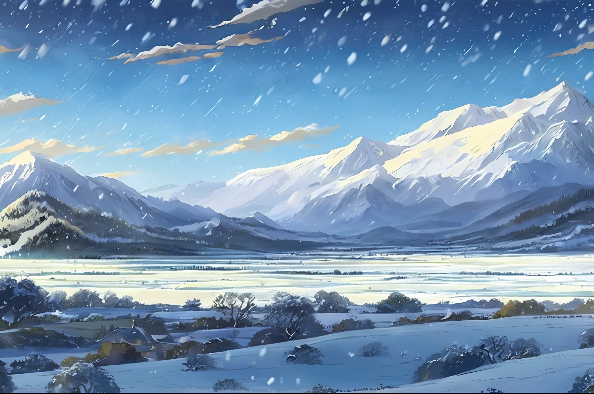 Snowapocalypse creates high-resolution artwork landscape artwork with mountains in the background, fields in the foreground, snowfall, falling snowflakes, clouds sparkling in the sun, made in winter by Makoto Shinkai and Studio Ghibli, very detailed, incredibly quality, trending on artstation, masterpiece, 8K dangergoose