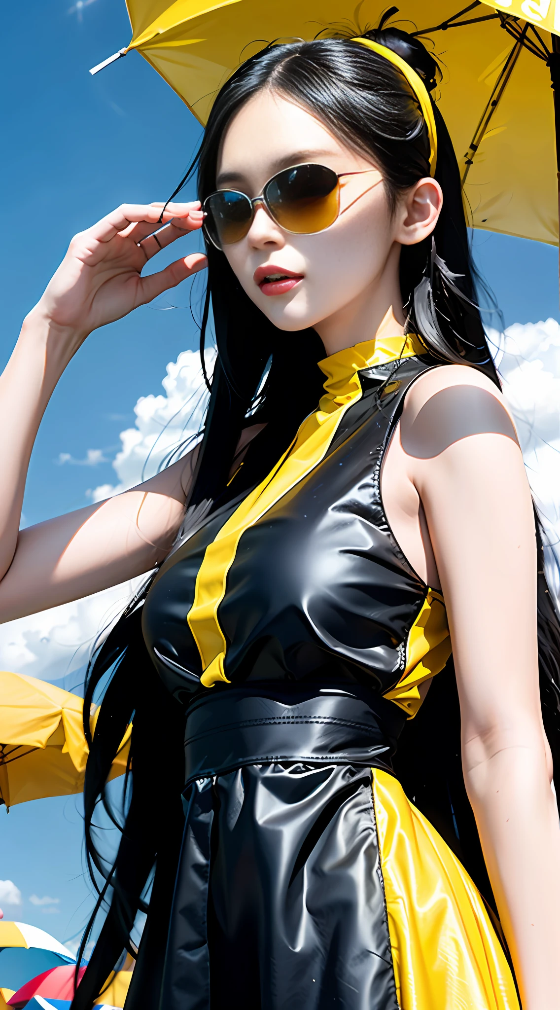(((outdoor picture))), in the sun, (long black hair + yellow dress) fluttering, central light focus polarized light source, sunglasses, girl front convex back up, mouth smile, flower-shaped jade hands, (radial blur: 1.2).