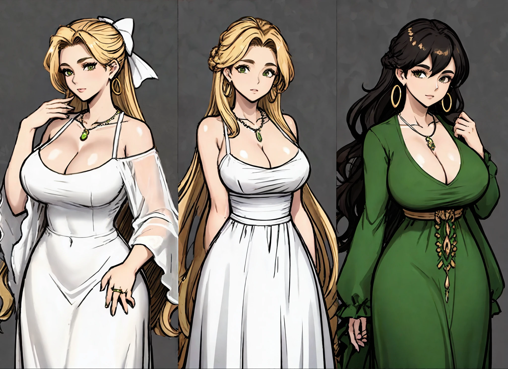 masterpiece:1.6, best quality:1.4, real picture:1.2, intricate details:1.2, charturnerv2:1.2, full body character turnaround of 1lady, Appearance: milf:1.25, slender:1.3, green eyes, medium breasts, flat chest, sharp eyes, cleavage, curvy Clothing: green maxi dress, Accessories: golden ring, simple hoop earrings, shell necklace, hair bow, hair ornament, Hair: long black hair, messy hair, Makeup: natural, glowing skin, (simple background, white background:1.3), multiple views, Multiple views of the same character in the same outfit:1.3.