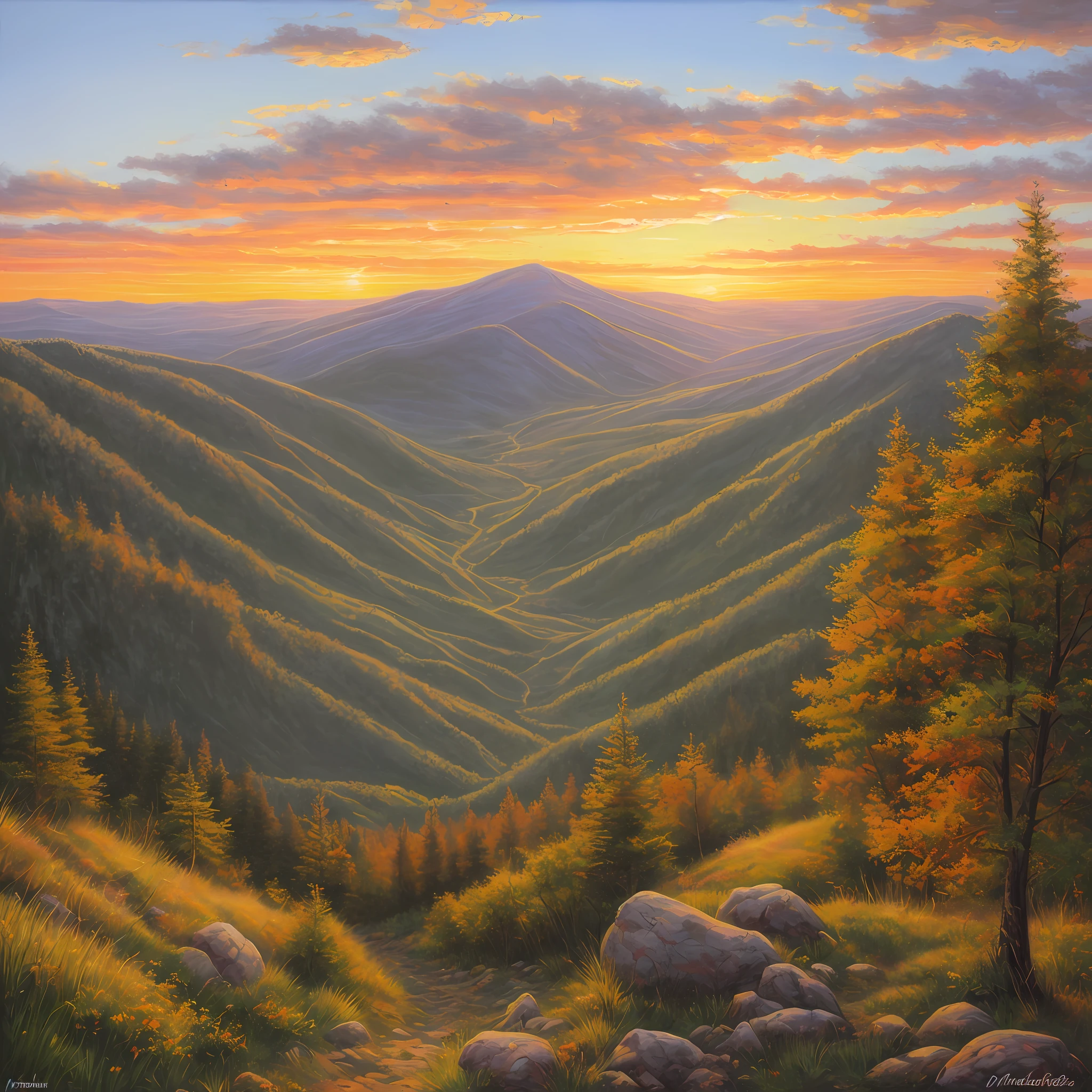 Beautiful sunset on the mountain, oil painting