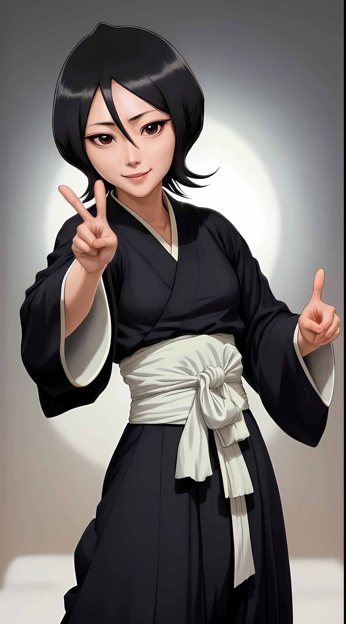 smile, looking at the viewer, waist, hip, 1girl, solo, kuchiki rukia, japanese clothes, hakama pants, black kimono, sash, black hair, hair between eyes, making peace sign with fingers, looking at the camera.