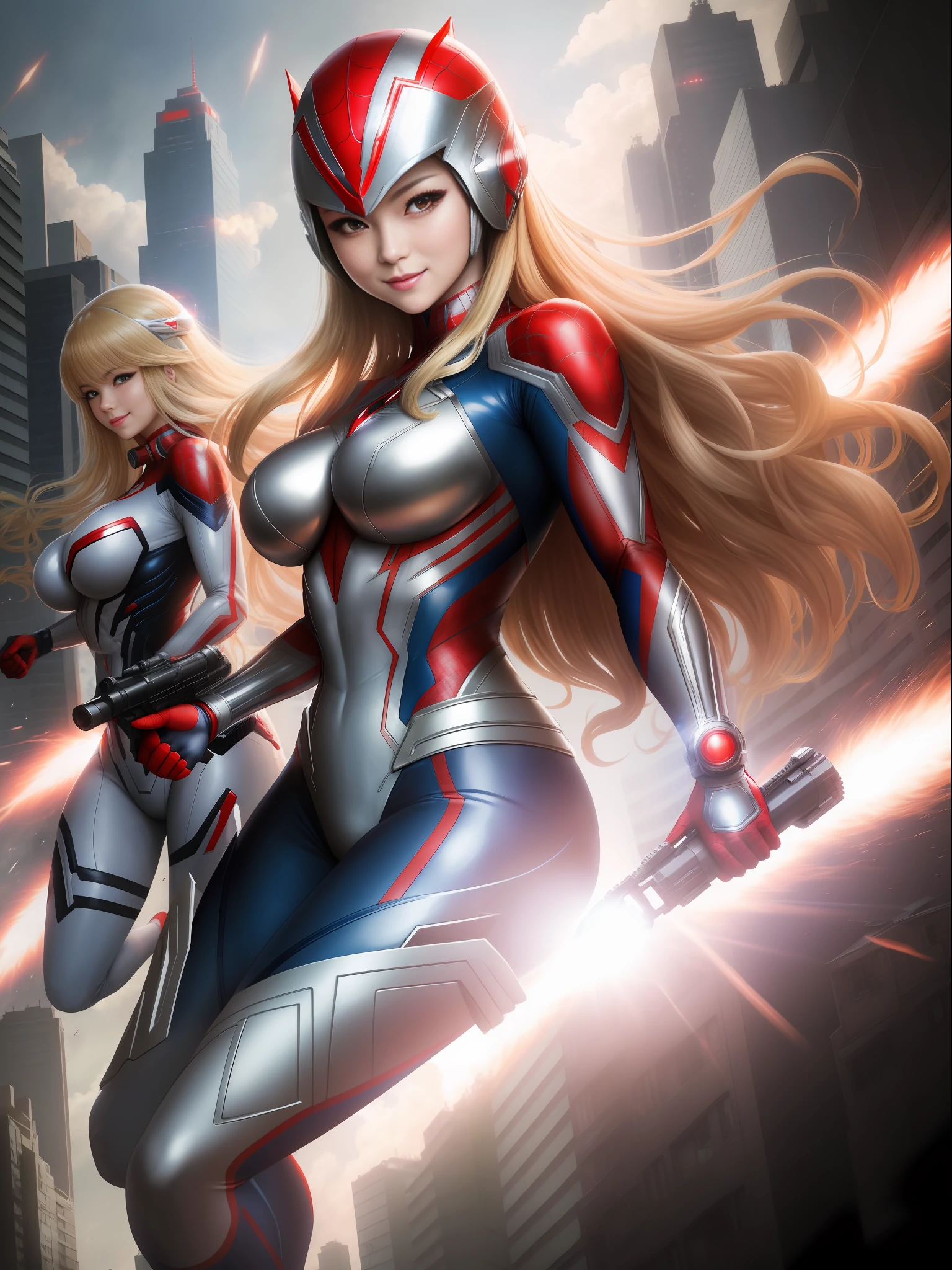 Ultraman, anime style, (Max quality: Sharpness:resolution:detailed) full body shot of woman:Spiderman: Ultraman,solo,big breasts, long blonde hair:smooth: wind motion:in front of eye, holding gun modern, helmet with face covering, staring at viewer, smiling, she is in a futuristic city being attacked by aliens.