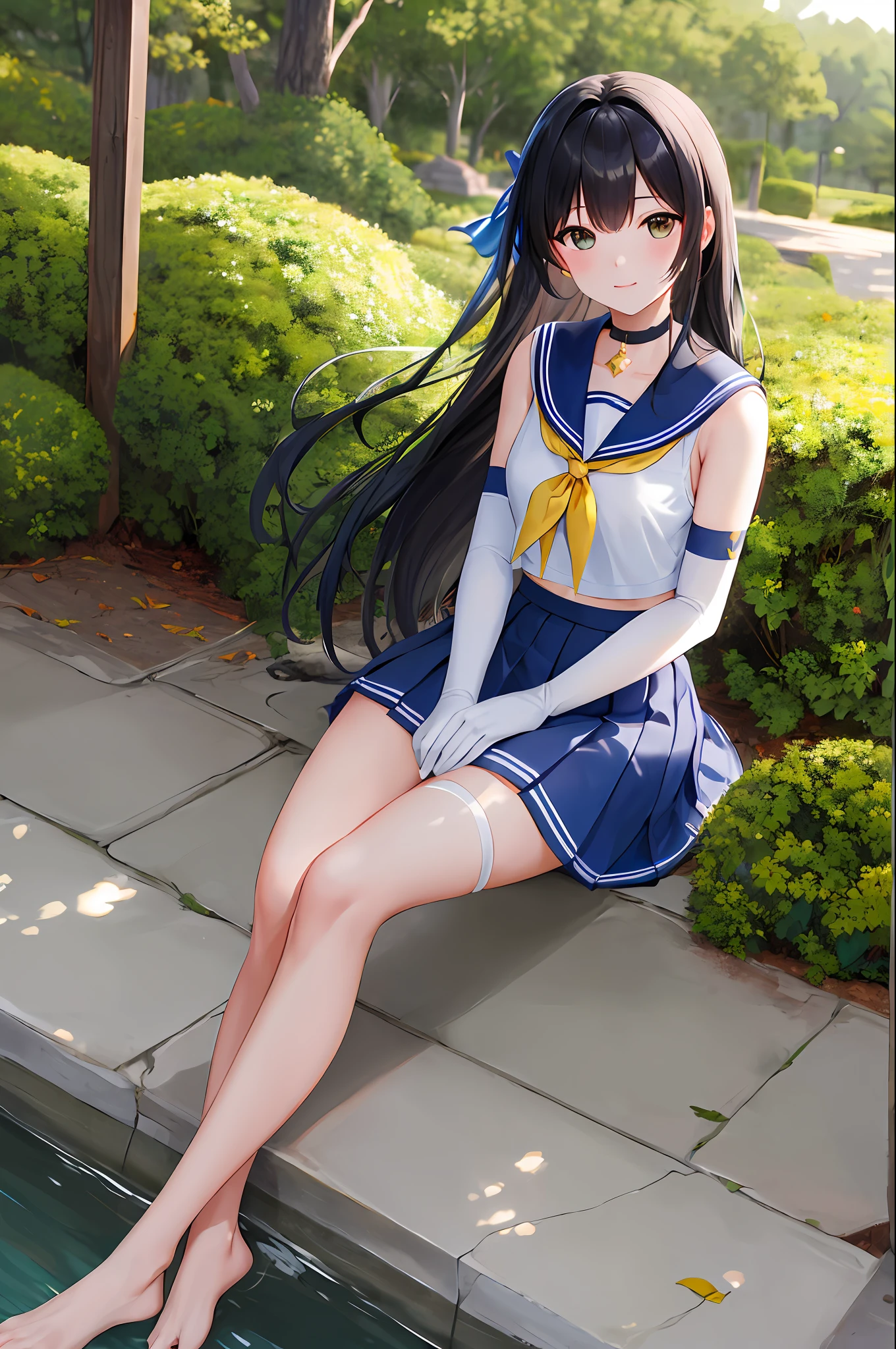 masterpiece, highest quality, high resolution, ts1,1 girl,black hair,mini skirt, sailor warrior uniform, white gloves, blue sailor color, blue skirt, star choker, elbow gloves, pleated skirt, bare feet, yellow ribbon, cowboy shot, sitting standing, outdoors, bokeh (85mm lens), camera direction, royal sister face (face length)), gentle expression, Windy hair, hair drifting