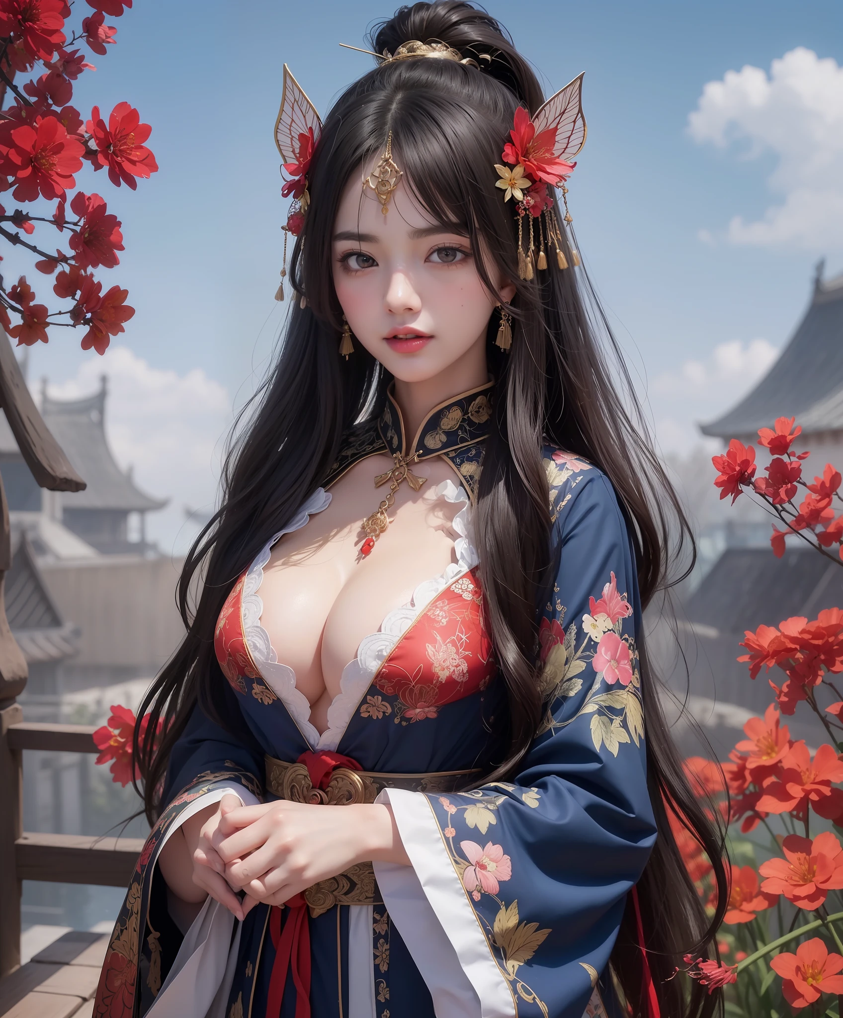 (8k, RAW photo:1.2),best quality, ultra high res,dramatic angle,(fluttered detailed color splashs), (illustration),(((1 girl))),(long hair),(rain:0.9),(hair ornament:1.4),there is an ancient palace beside the girl,chinese clothes,(focus on), color Ink wash painting,(color splashing),colorful splashing,(((colorful))),(sketch:0.8), Masterpiece,best quality, beautifully painted,highly detailed,(denoising:0.6),[splash ink],((ink refraction)), (beautiful detailed sky),moon,highly,detaild,(masterpiece, best quality, extremely detailed CG unity 8k wallpaper,masterpiece, best quality, ultra-detailed),(Lycoris radiata),gigantic breasts