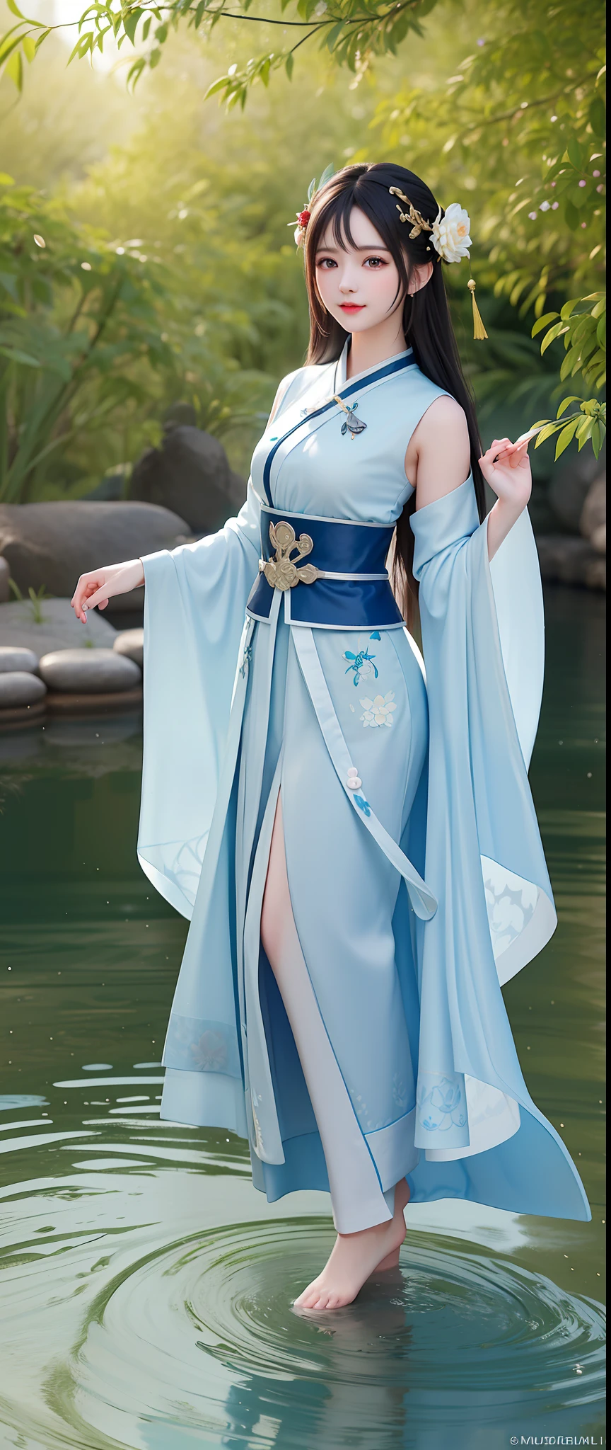 ((4k,masterpiece,best quality)), shuimobysim, traditional chinese ink painting, lotus, hanfu, maxiskit, dress conservatively 1girl, solo, long blue hair, smile, standing, feet in the water, barefoot,