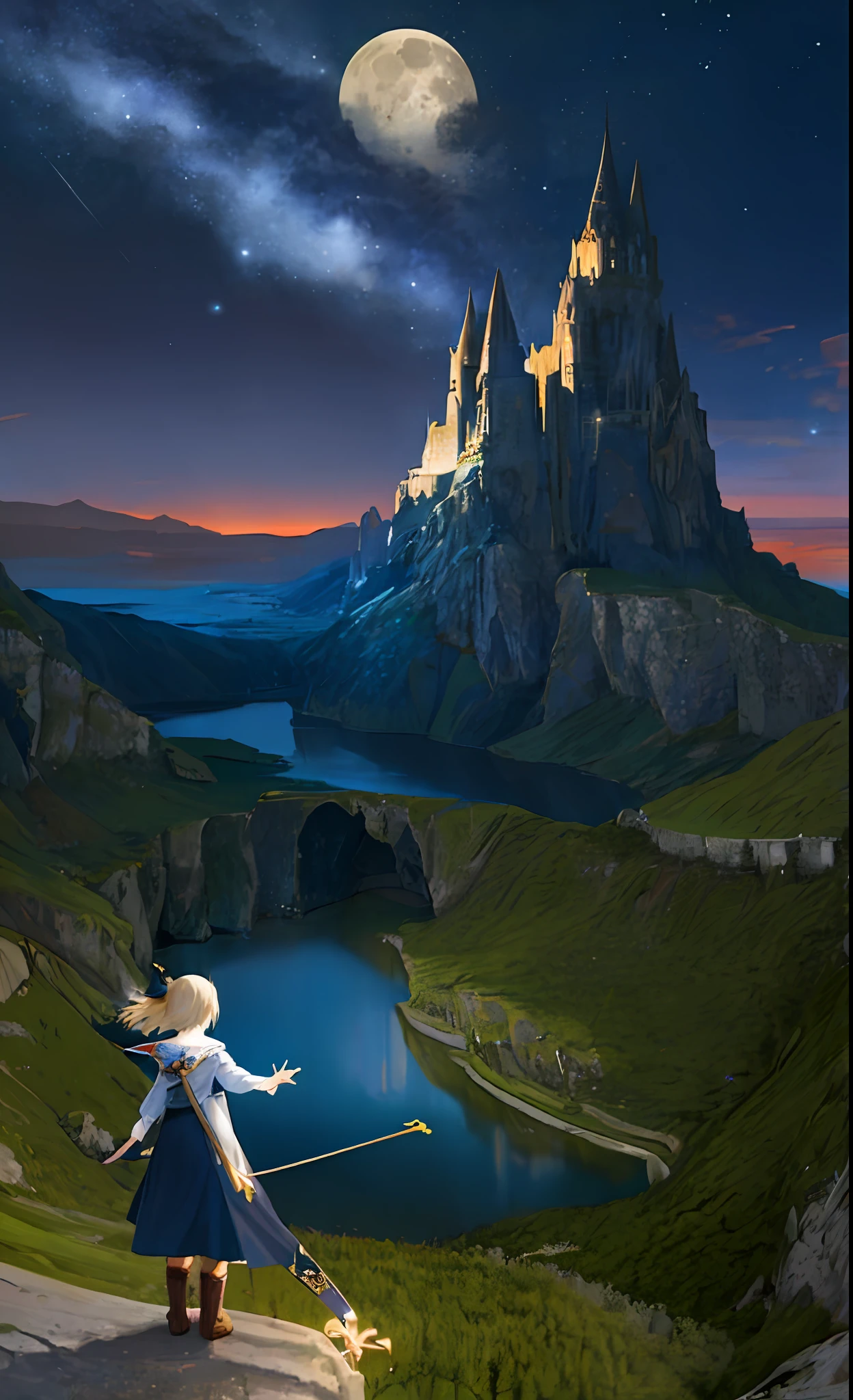 masterpiece, best quality, ultra-detailed, illustration, 1girl, solo, fantasy, flying, broom,   night sky, outdoors, magic, spells, moon, stars, clouds, wind, hair, cape, hat, boots, broomstick, glowing, mysterious, enchanting, whimsical, playful, adventurous, freedom, wonder, imagination, determination, skill, speed, movement, energy, realism, naturalistic, figurative, representational, beauty, fantasy culture, mythology, fairy tales, folklore, legends, witches, wizards, magical creatures, fantasy worlds, composition, scale, foreground, middle ground, background, perspective, light, color, texture, detail, beauty, wonder.