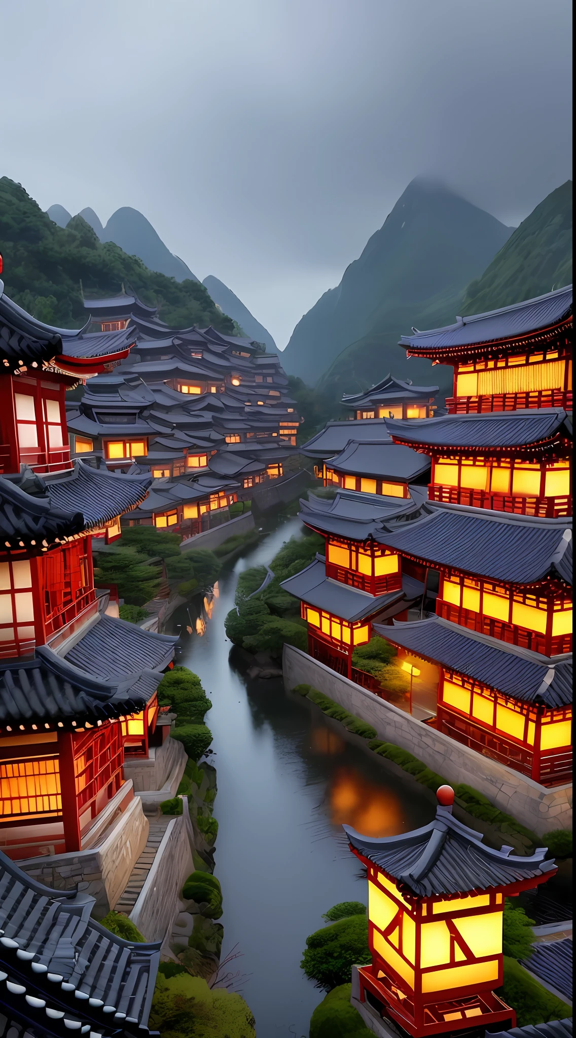 arafed view of a village with a lot of lights on the buildings, dreamy chinese town, chinese village, amazing wallpaper, japanese town, japanese village, hyper realistic photo of a town, old asian village, japanese city, by Raymond Han, rainy evening, cyberpunk chinese ancient castle, beautifully lit buildings, at evening during rain, beautiful and aesthetic, photography, cinematic, 8k, high detailed ((Heavy rain)))
