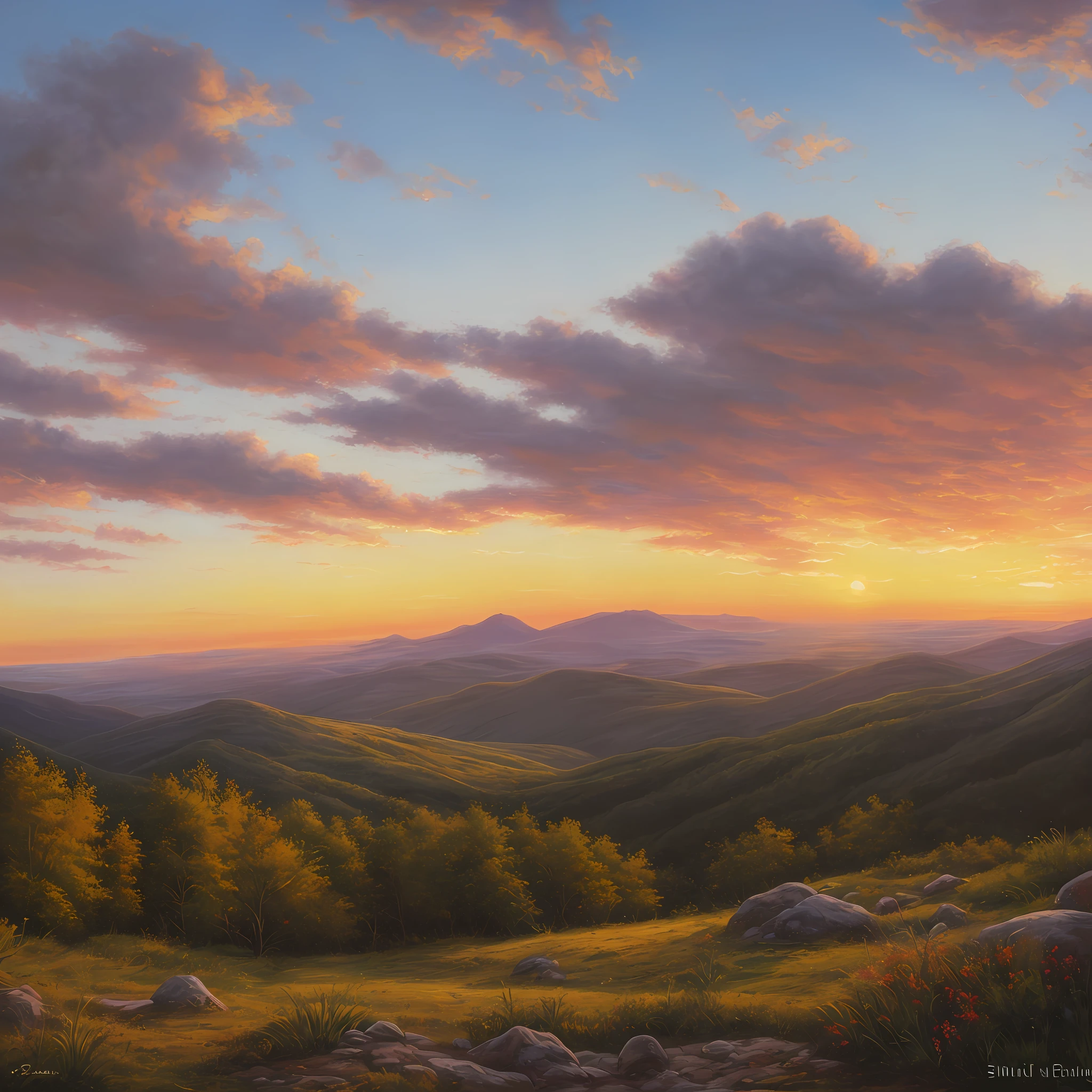 Beautiful sunset on the mountain, oil painting