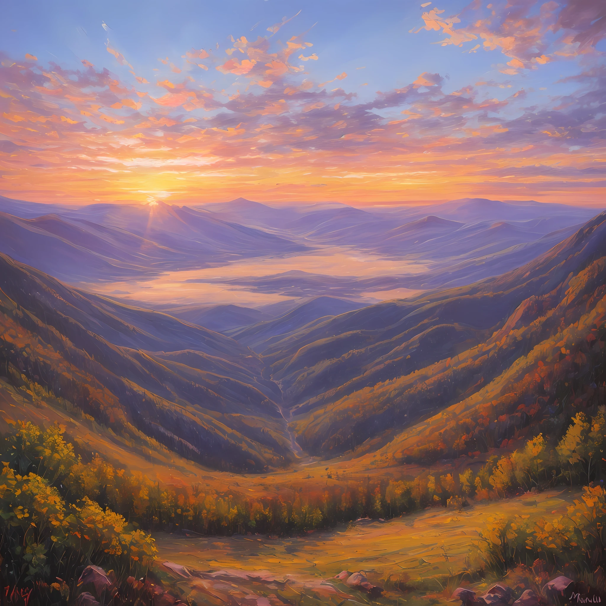 Beautiful sunset on the mountain, oil painting