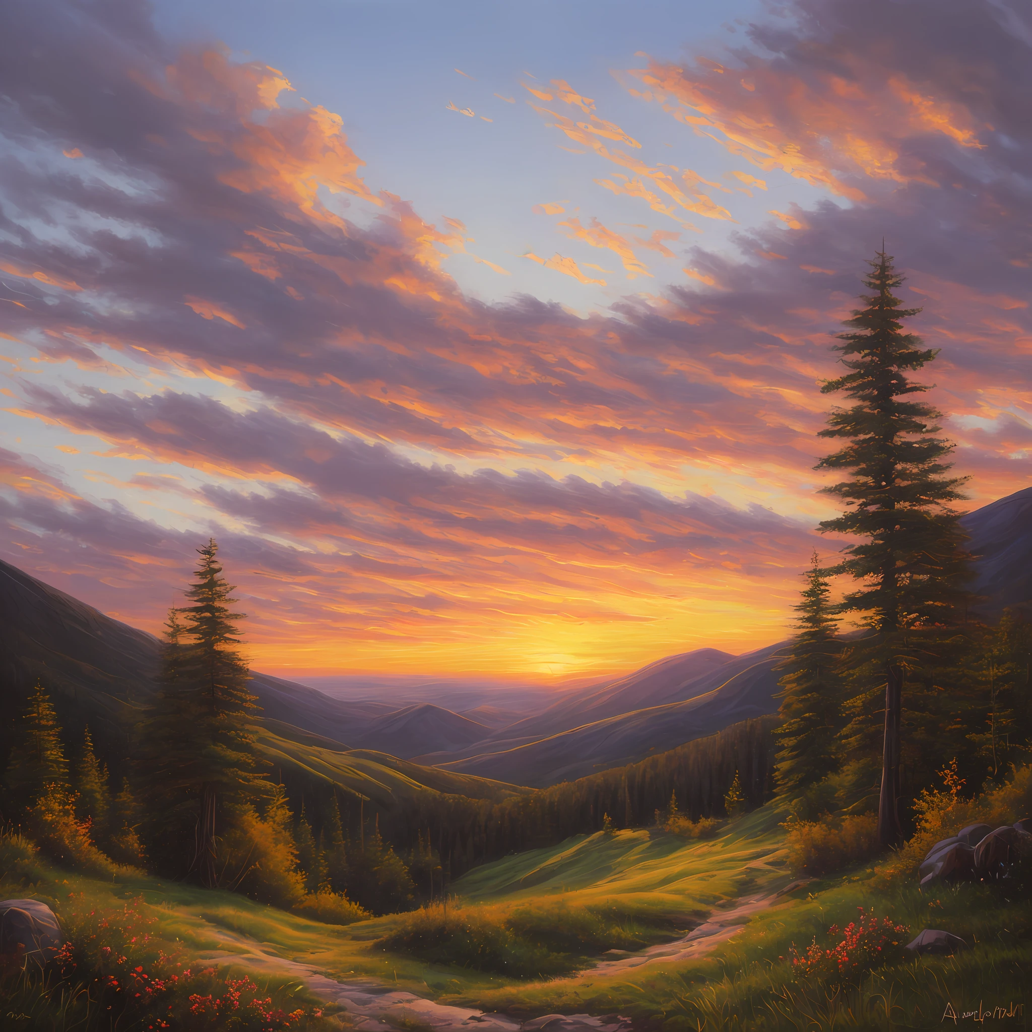 Beautiful sunset on the mountain, oil painting