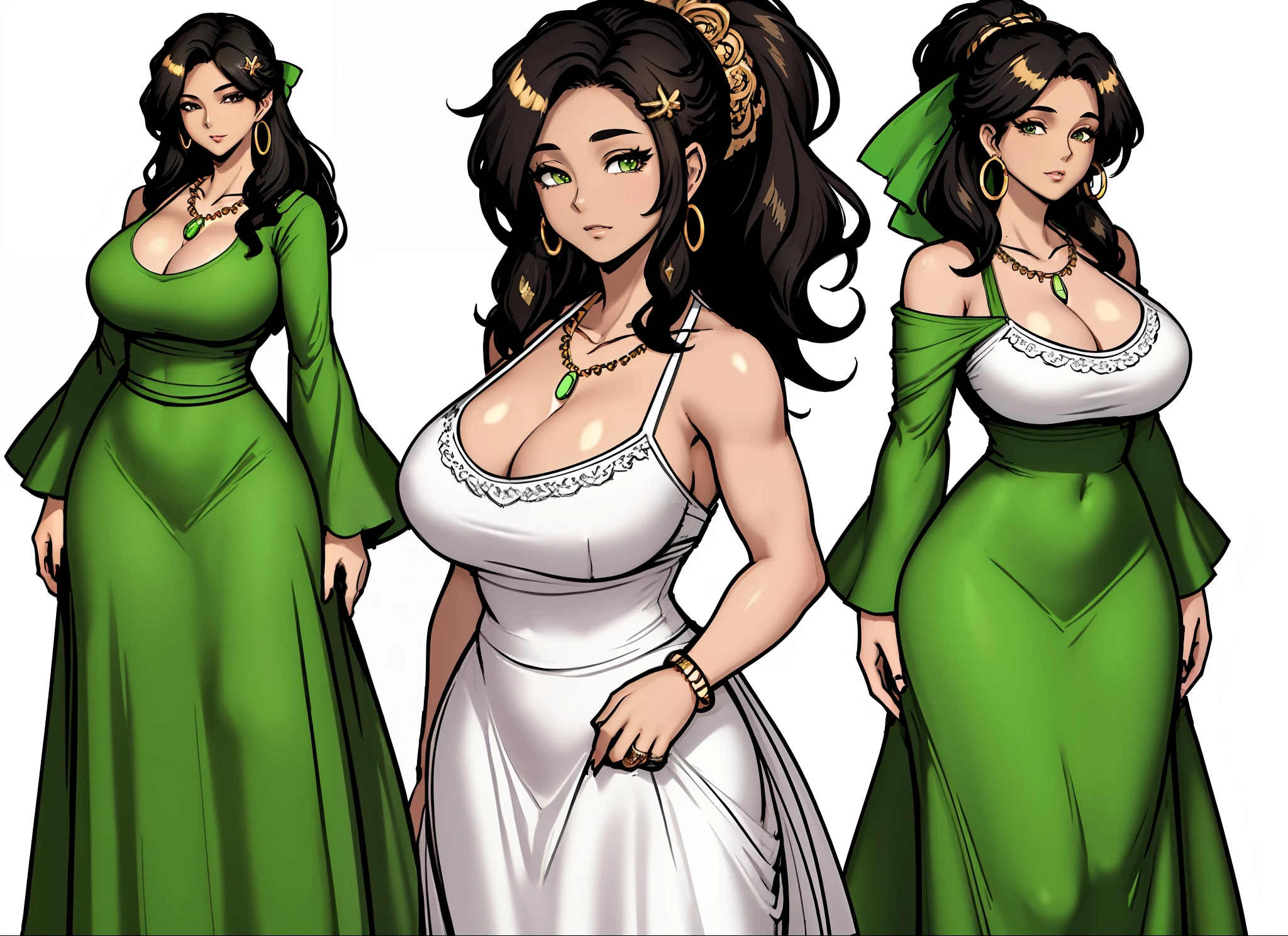 masterpiece:1.6, best quality:1.4, real picture:1.2, intricate details:1.2, charturnerv2:1.2, full body character turnaround of 1lady, Appearance: milf:1.25, slender:1.3, green eyes, medium breasts, flat chest, sharp eyes, cleavage, curvy Clothing: green maxi dress, Accessories: golden ring, simple hoop earrings, shell necklace, hair bow, hair ornament, Hair: long black hair, messy hair, Makeup: natural, glowing skin, (simple background, white background:1.3), multiple views, Multiple views of the same character in the same outfit:1.3.