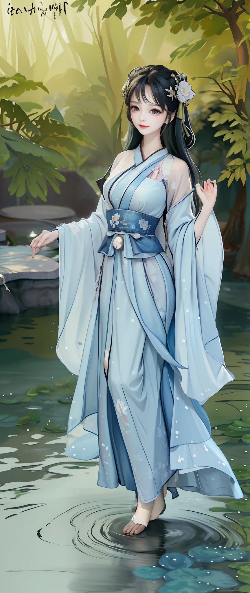 ((4k,masterpiece,best quality)), shuimobysim, traditional chinese ink painting, lotus, hanfu, maxiskit, dress conservatively 1girl, solo, long blue hair, smile, standing, feet in the water, barefoot,