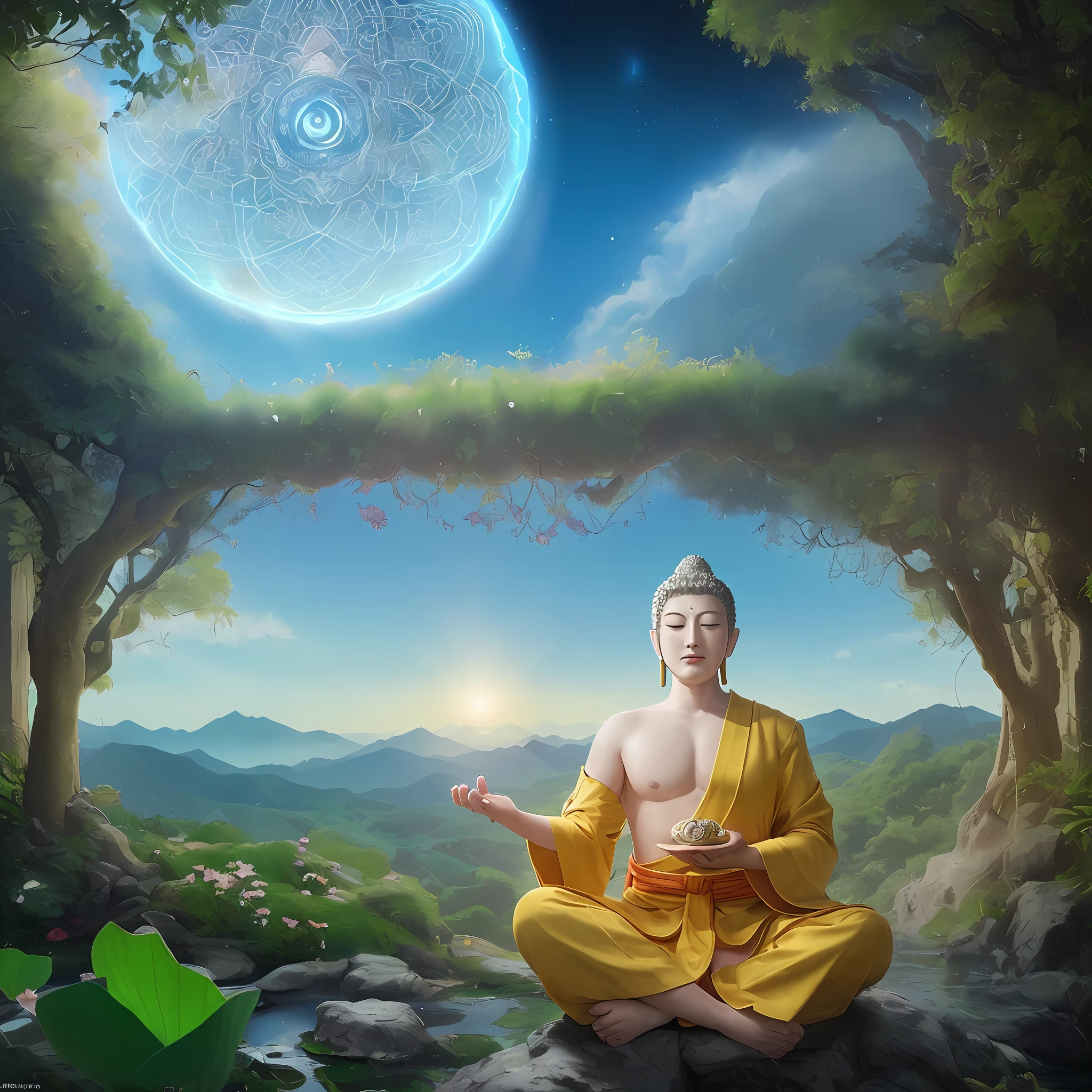 Title: "Transcendent Ascension"
Prompt: Imagine a scene of awe and spiritual enlightenment as you illustrate the extraordinary sight of Buddha gracefully soaring through the air. Depict Buddha in a serene and meditative pose, exuding a sense of tranquility and profound wisdom. The surrounding atmosphere should be ethereal, filled with soft hues and a gentle glow.
As Buddha levitates effortlessly, consider illustrating vibrant and colorful lotus flowers beneath him, symbolizing purity, enlightenment, and spiritual awakening. The petals should be in various stages of bloom, representing the diverse paths individuals take on their spiritual journeys.
Incorporate elements that convey a feeling of transcendence and harmony with the universe. This could include celestial bodies like stars, nebulae, or even a radiant sun, radiating rays of golden light. These celestial elements should emphasize the boundless nature of Buddha's enlightenment and the limitless potential of the human spirit.
Add subtle details to the environment, such as distant mountains, rolling hills, or a serene landscape, to evoke a sense of groundedness and unity with nature. The air around Buddha should be filled with a gentle breeze, gently rustling his robes and conveying a sense of movement and spiritual energy., photorealistic, cinematic style, realistic look, light skin,