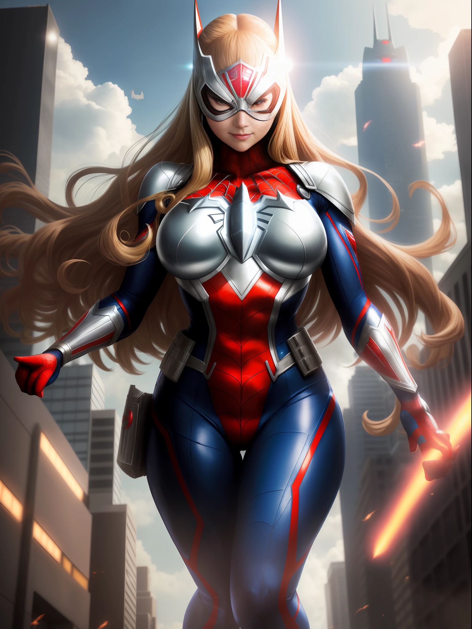 Ultraman, anime style, (Max quality: Sharpness:resolution:detailed), ((full body shot of giant woman:Ultraman/Spiderman/Batman,solo)),big breasts, long blonde hair smooth:in front of eye:wind motion, circular light in breastplate with strong blue light, helmet:mask of Ultraman, staring at the viewer, smiling, she is in a futuristic city being attacked by aliens.